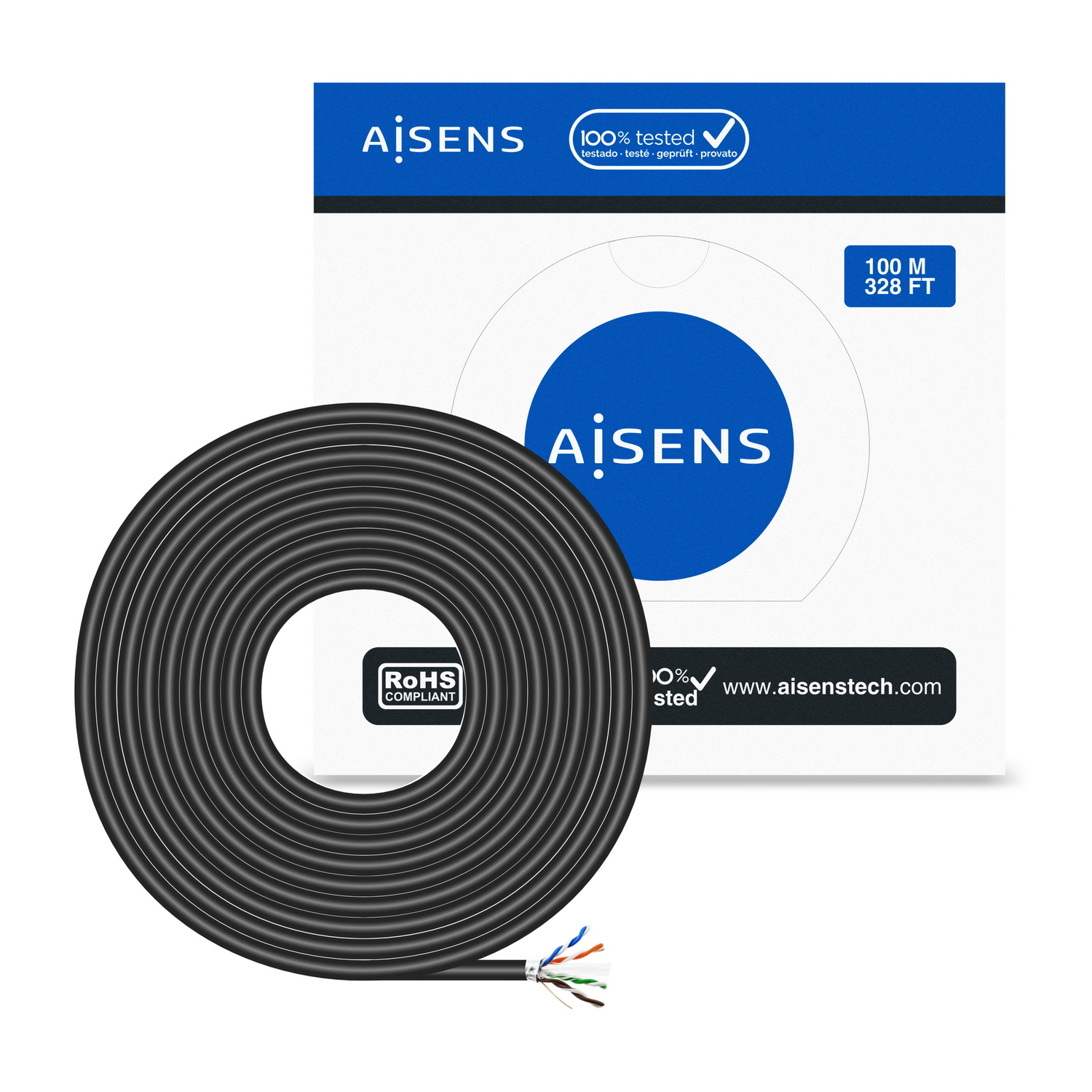 Aisens Câble Réseau Extérieur Étanche RJ45 Cat.6 Ftp Rigide Awg24 - 100m - Couleur Noir