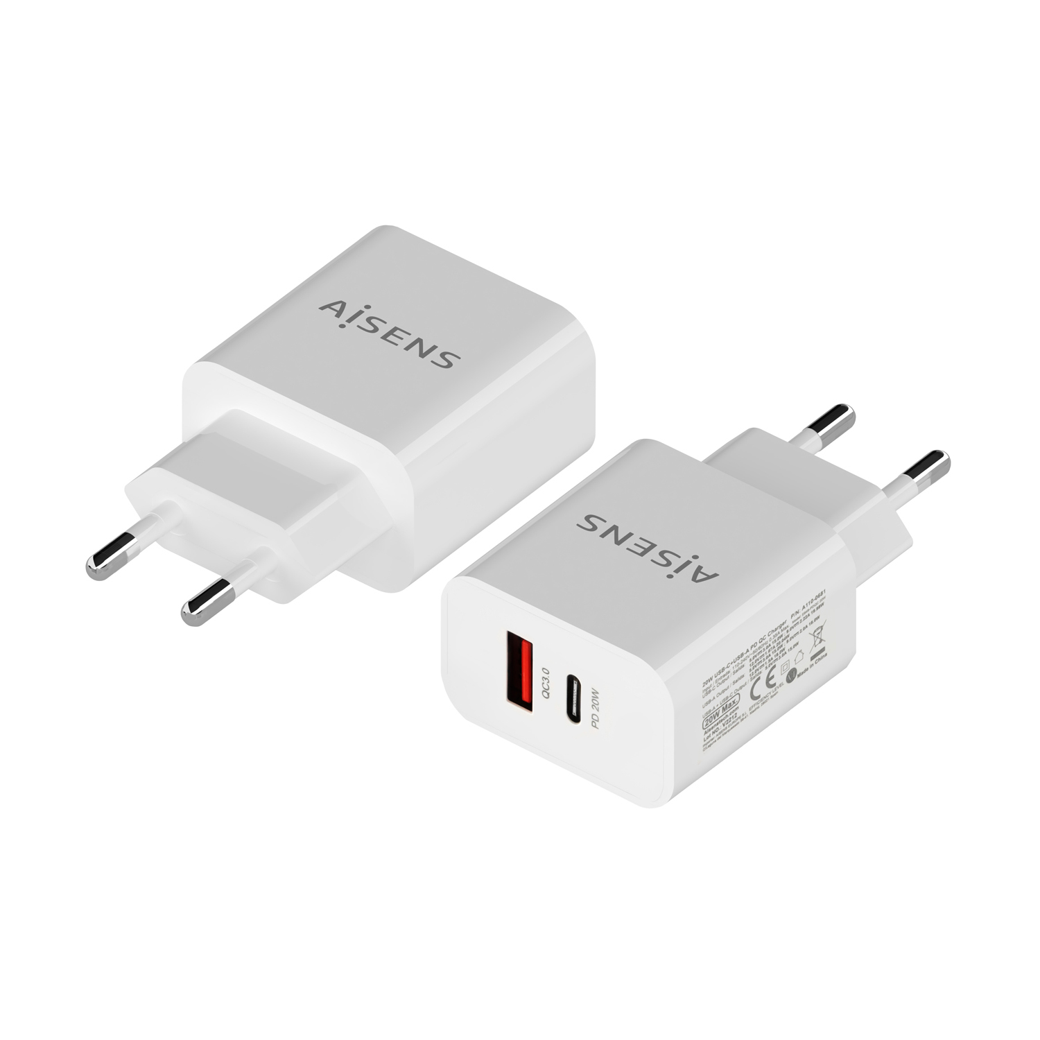 Aisens Chargeur 20W - 1xUSB-C PD3.0 - 1xUSB-A QC3.0 - Couleur Blanche