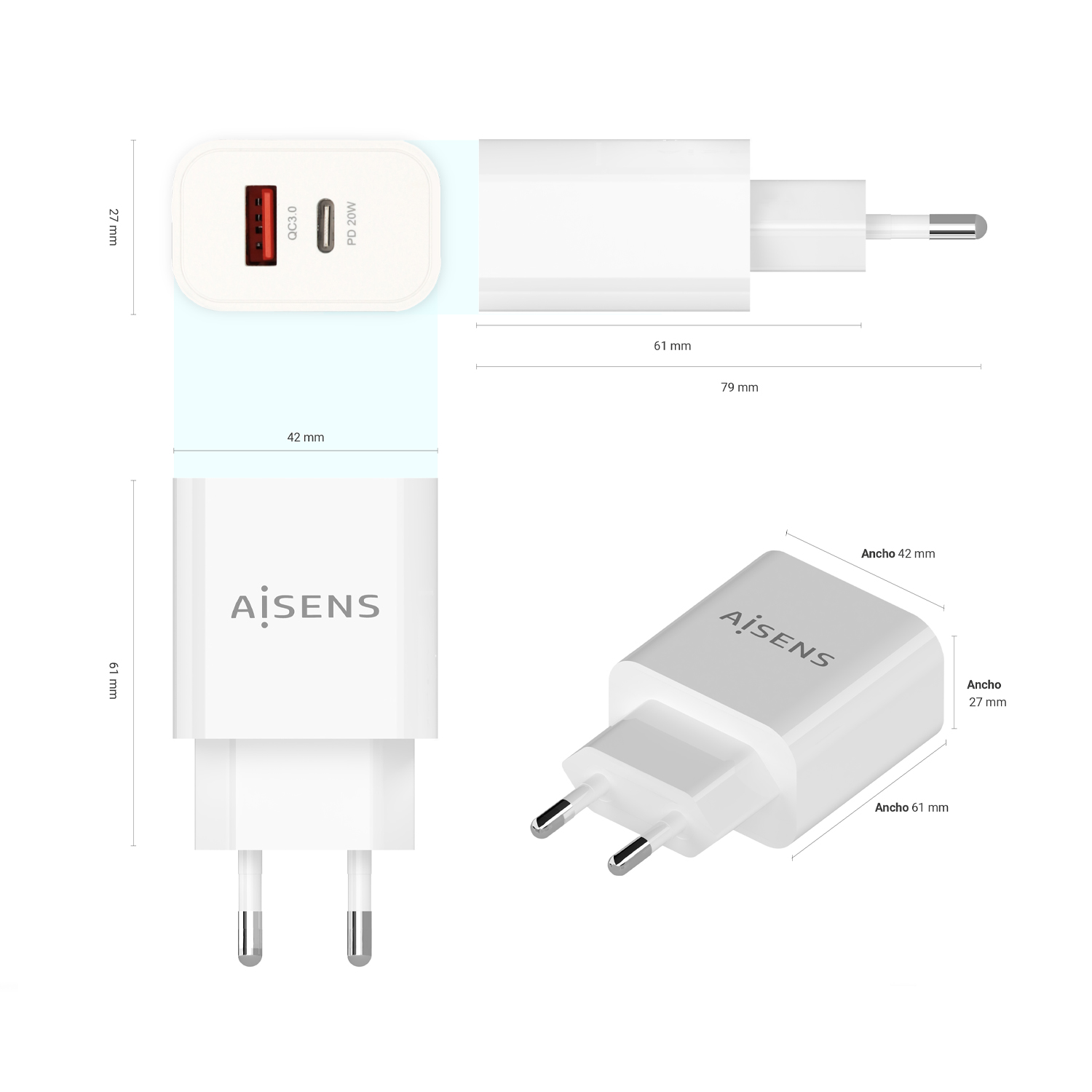 Aisens Chargeur 20W - 1xUSB-C PD3.0 - 1xUSB-A QC3.0 - Couleur Blanche