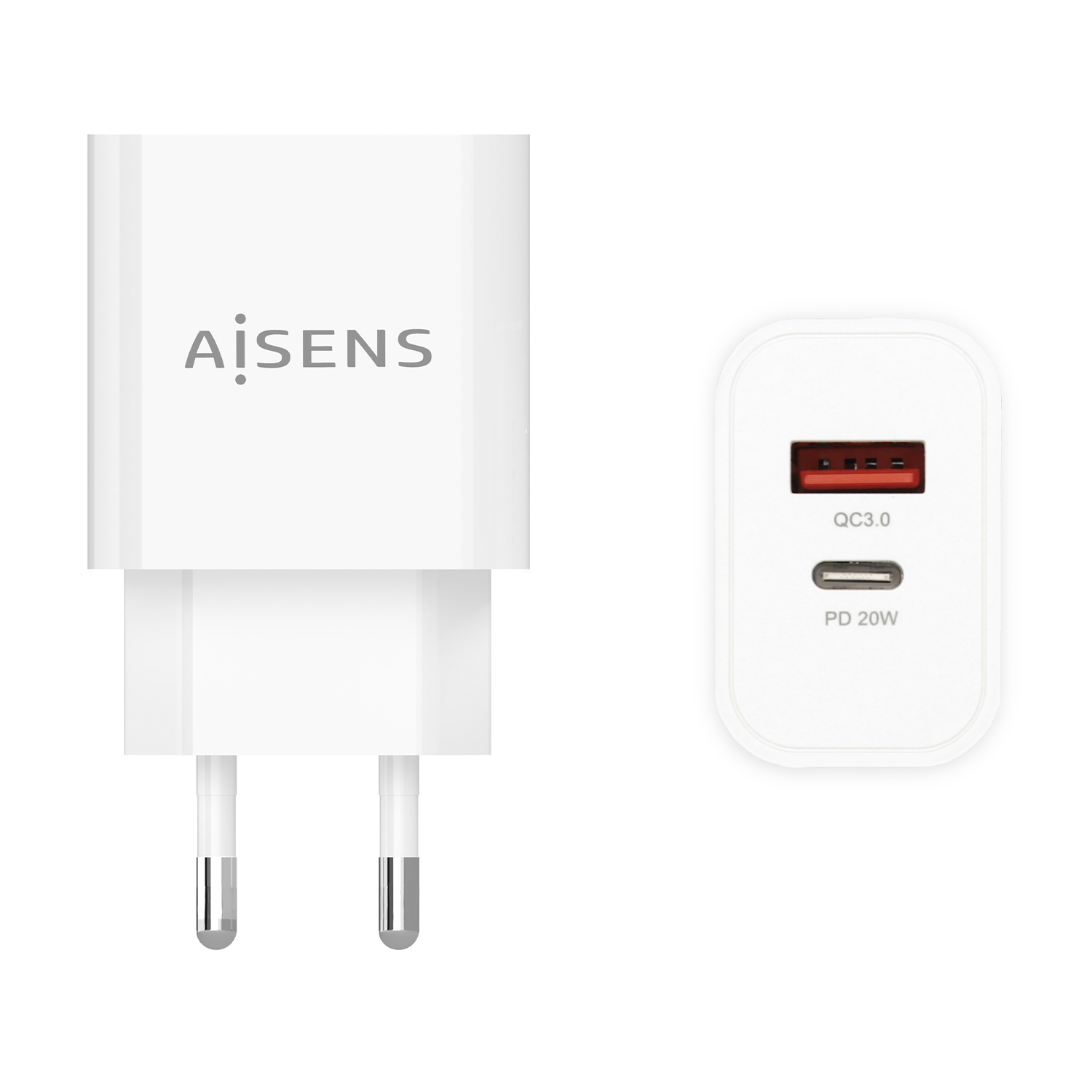 Aisens Chargeur 20W - 1xUSB-C PD3.0 - 1xUSB-A QC3.0 - Couleur Blanche