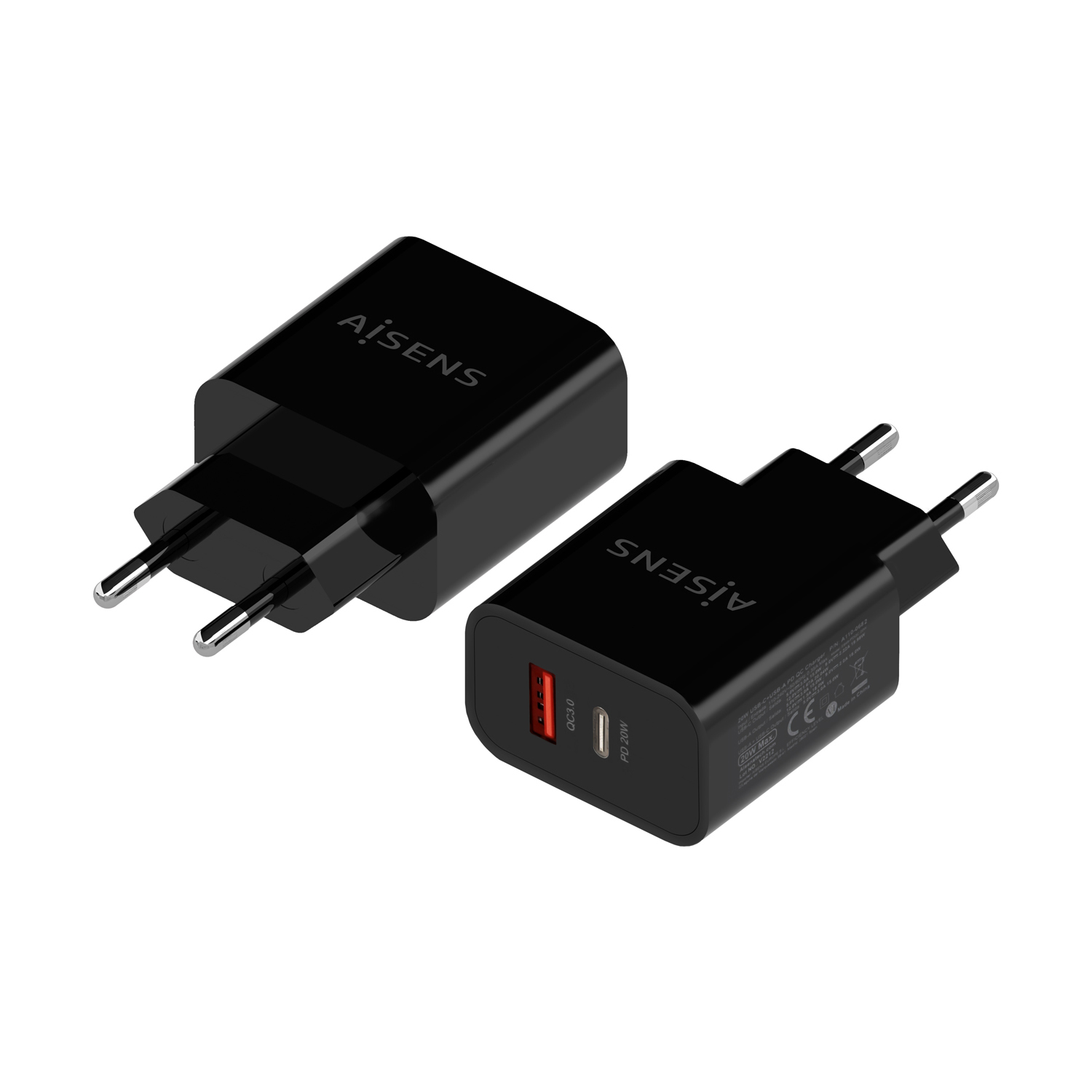 Aisens Chargeur 20W - 1xUSB-C PD3.0 - 1xUSB-A QC3.0 - Couleur Noir