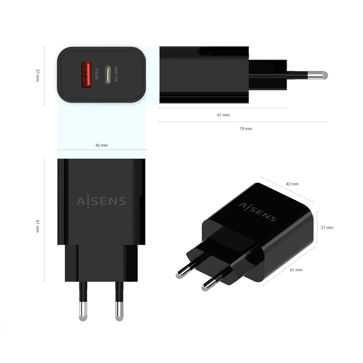 Aisens Chargeur 20W - 1xUSB-C PD3.0 - 1xUSB-A QC3.0 - Couleur Noir