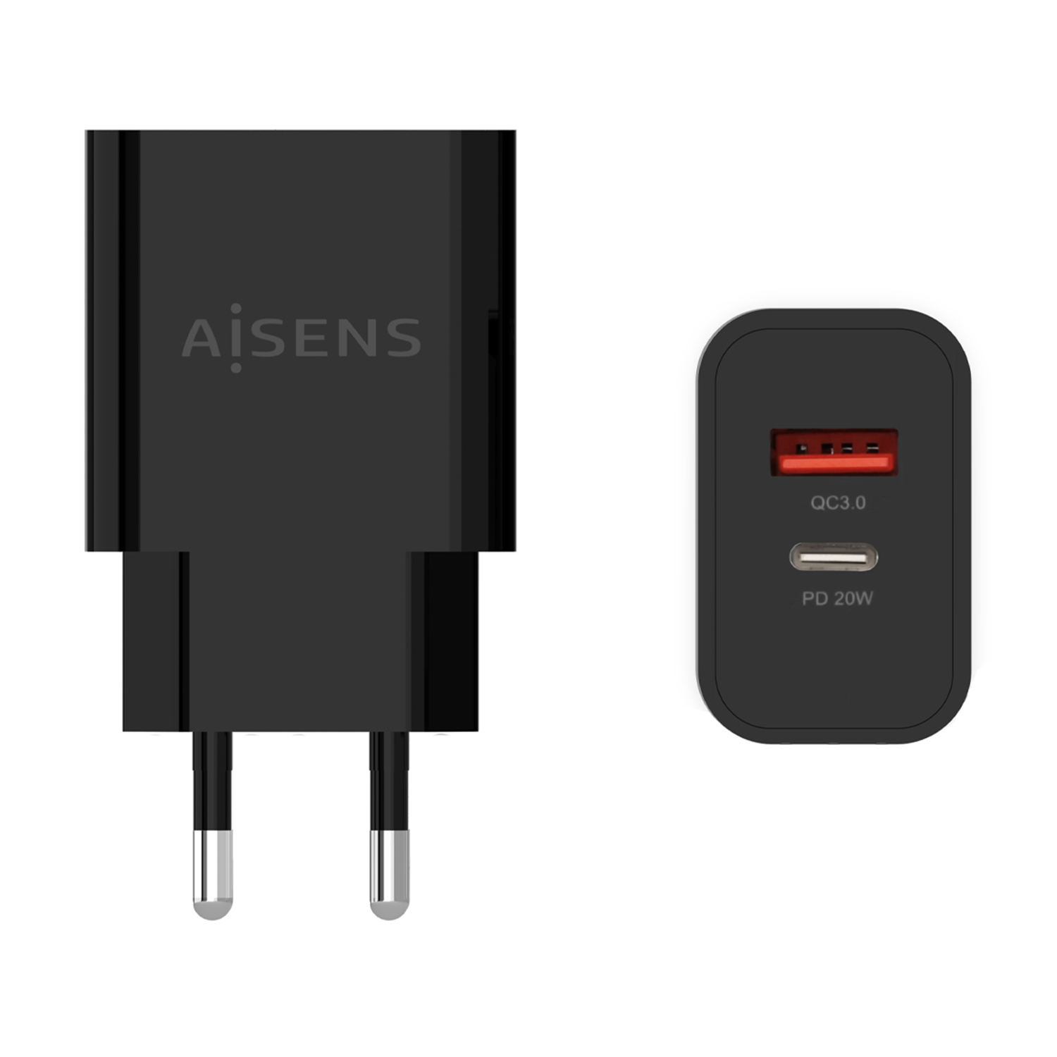 Aisens Chargeur 20W - 1xUSB-C PD3.0 - 1xUSB-A QC3.0 - Couleur Noir