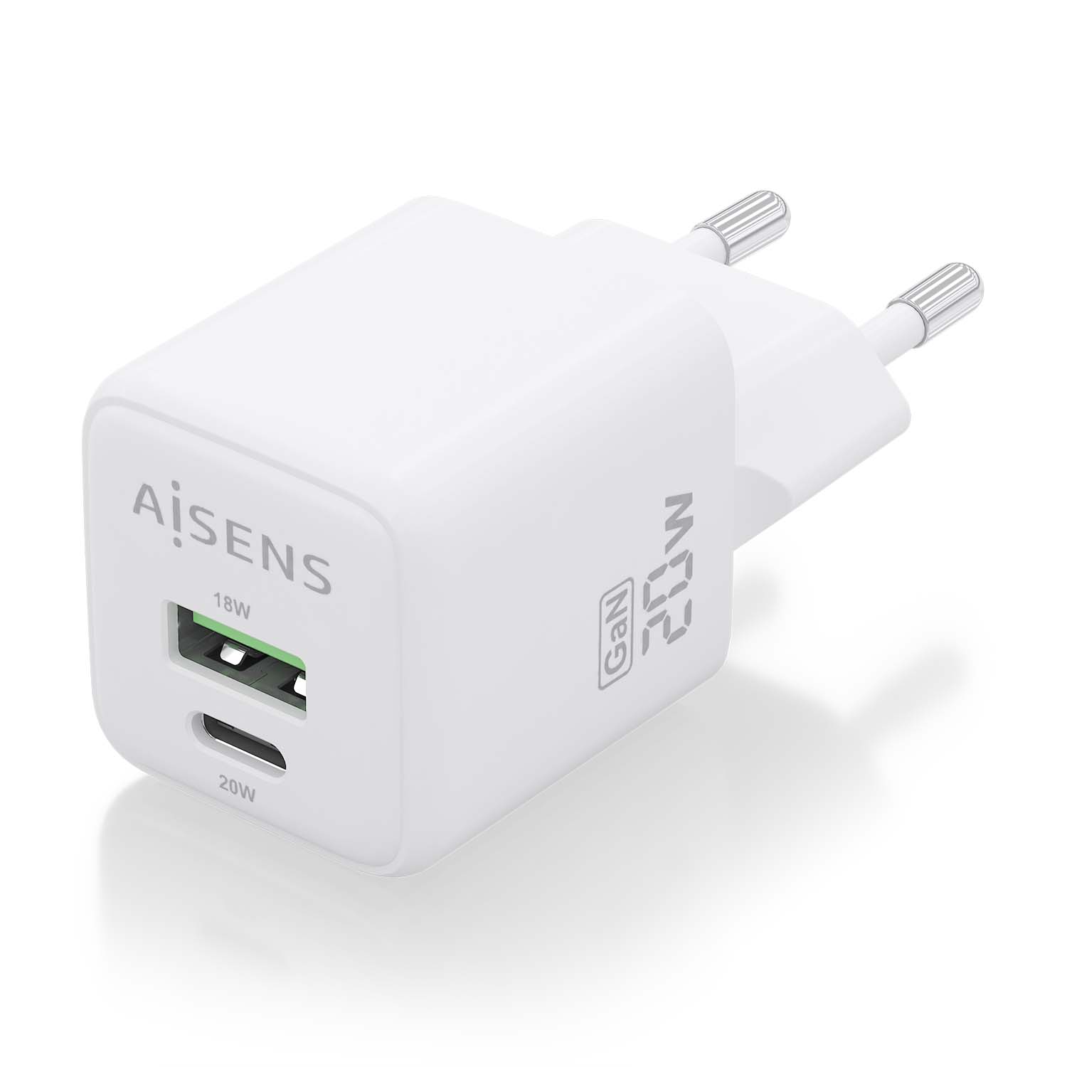 Aisens Chargeur Gan 20W - 1xUSB-C PD3.0 QC4.0 - 1xUSB-A QC3.0 - Blanc