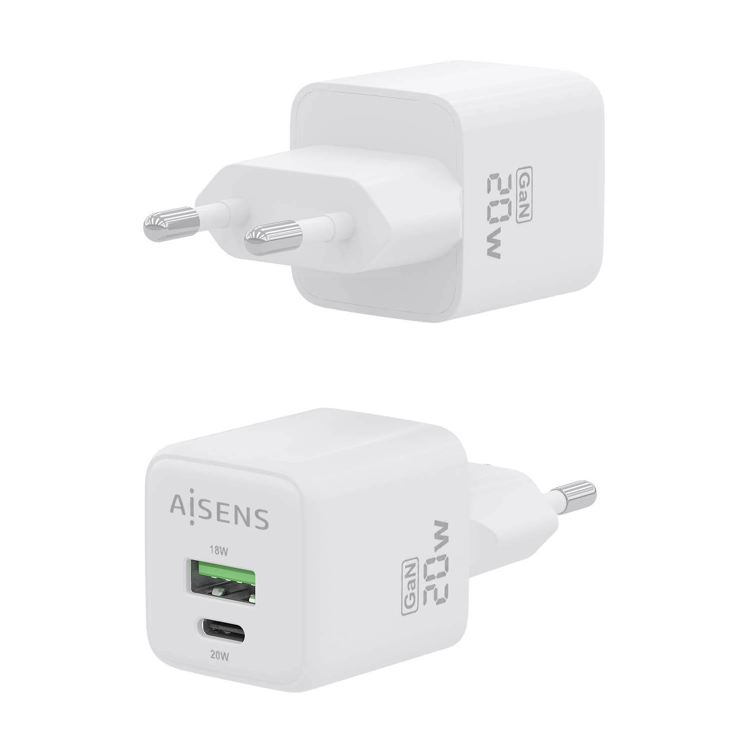 Aisens Chargeur Gan 20W - 1xUSB-C PD3.0 QC4.0 - 1xUSB-A QC3.0 - Blanc