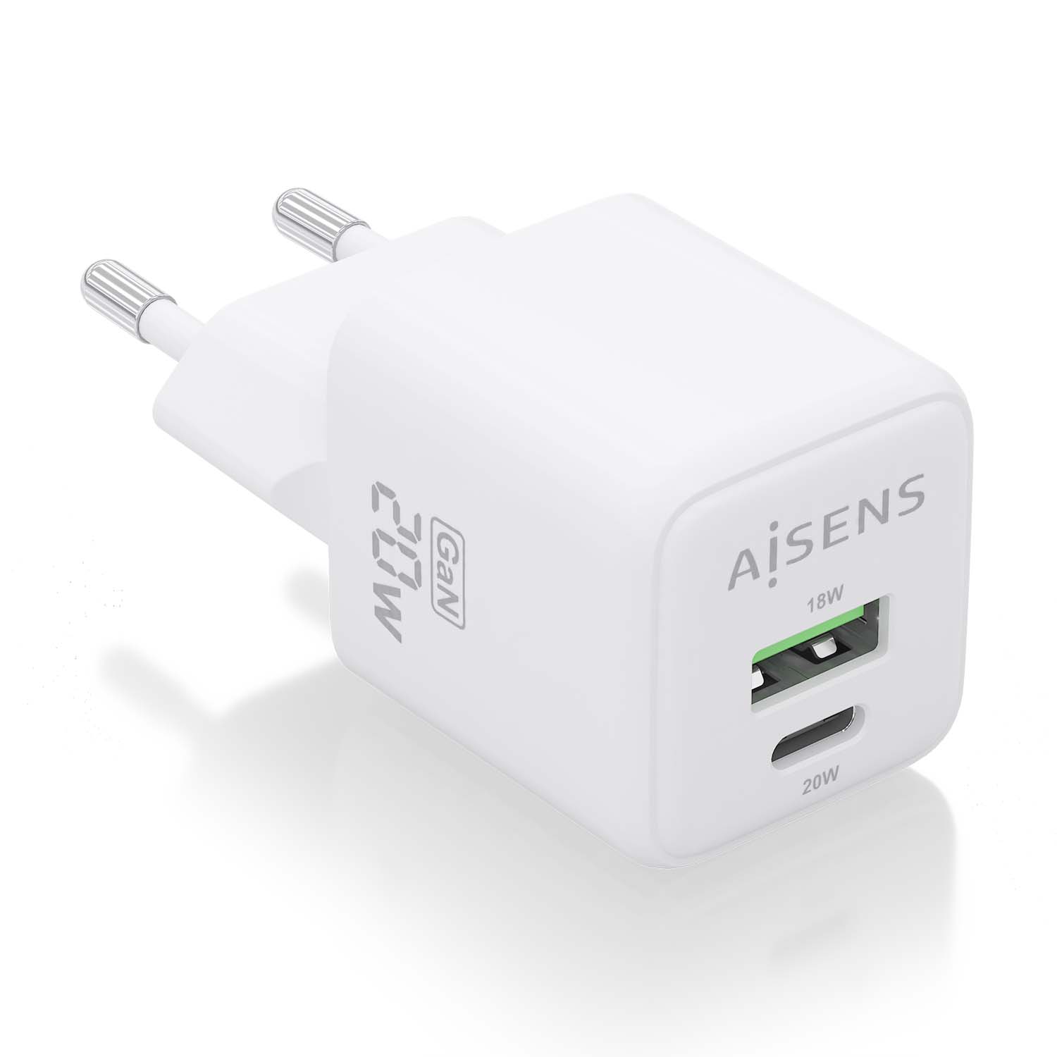 Aisens Chargeur Gan 20W - 1xUSB-C PD3.0 QC4.0 - 1xUSB-A QC3.0 - Blanc