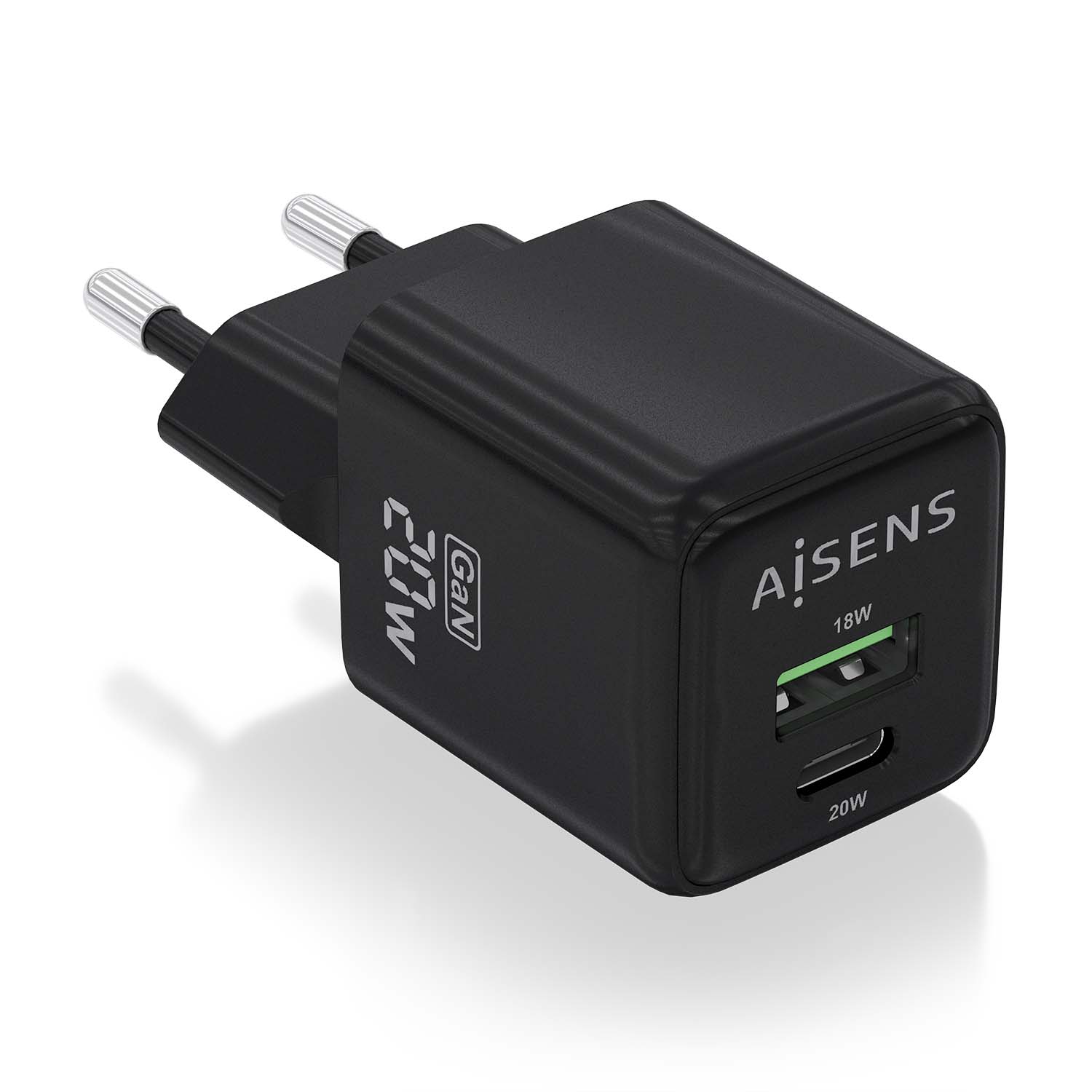 Aisens Chargeur Gan 20W - 1xUSB-C PD3.0 QC4.0 - 1xUSB-A QC3.0 - Couleur Noir