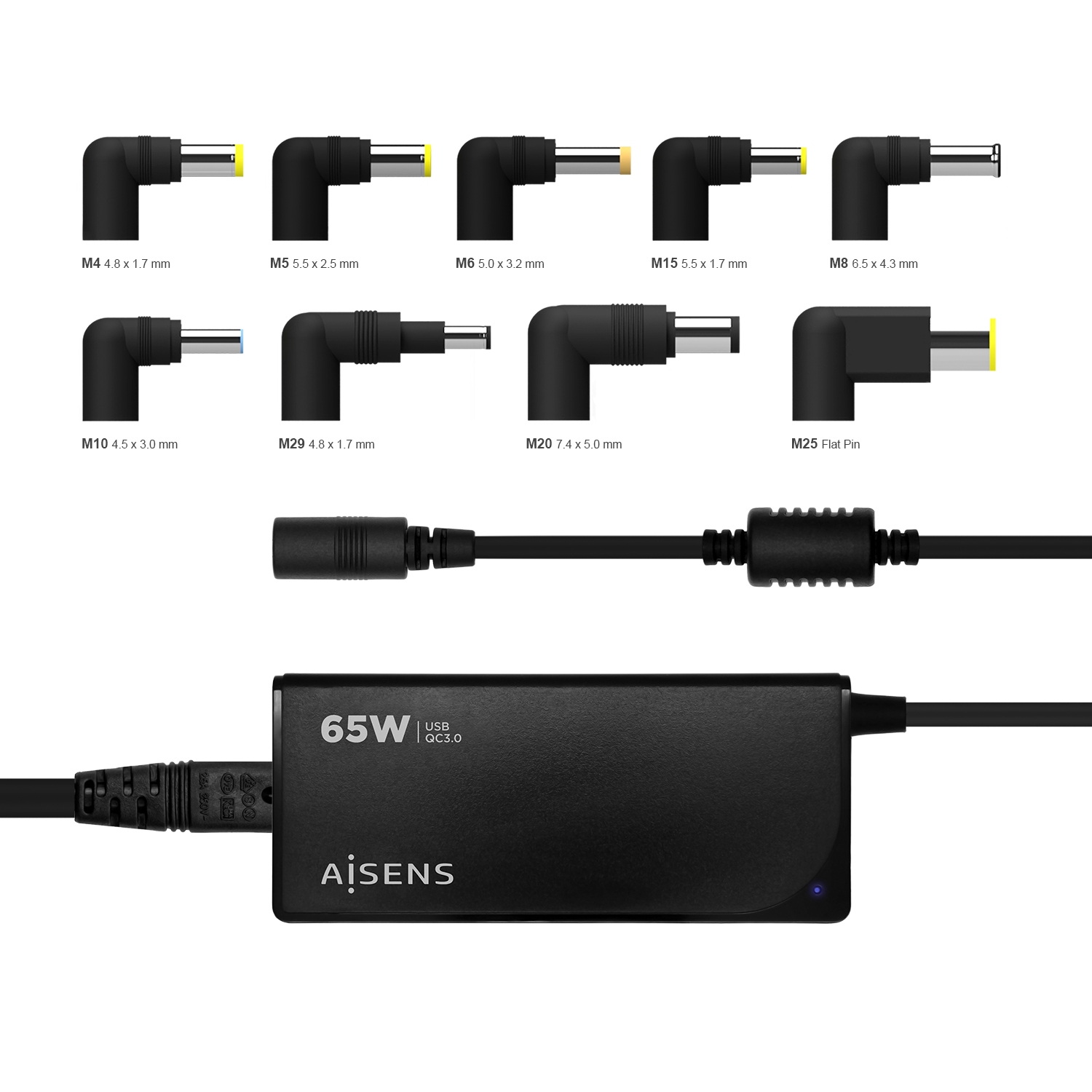 Aisens Chargeur Multitension Universel Automatique 65W pour Ordinateur Portable avec 9 Connecteurs + USB-A QC.3.0 - Couleur Noire