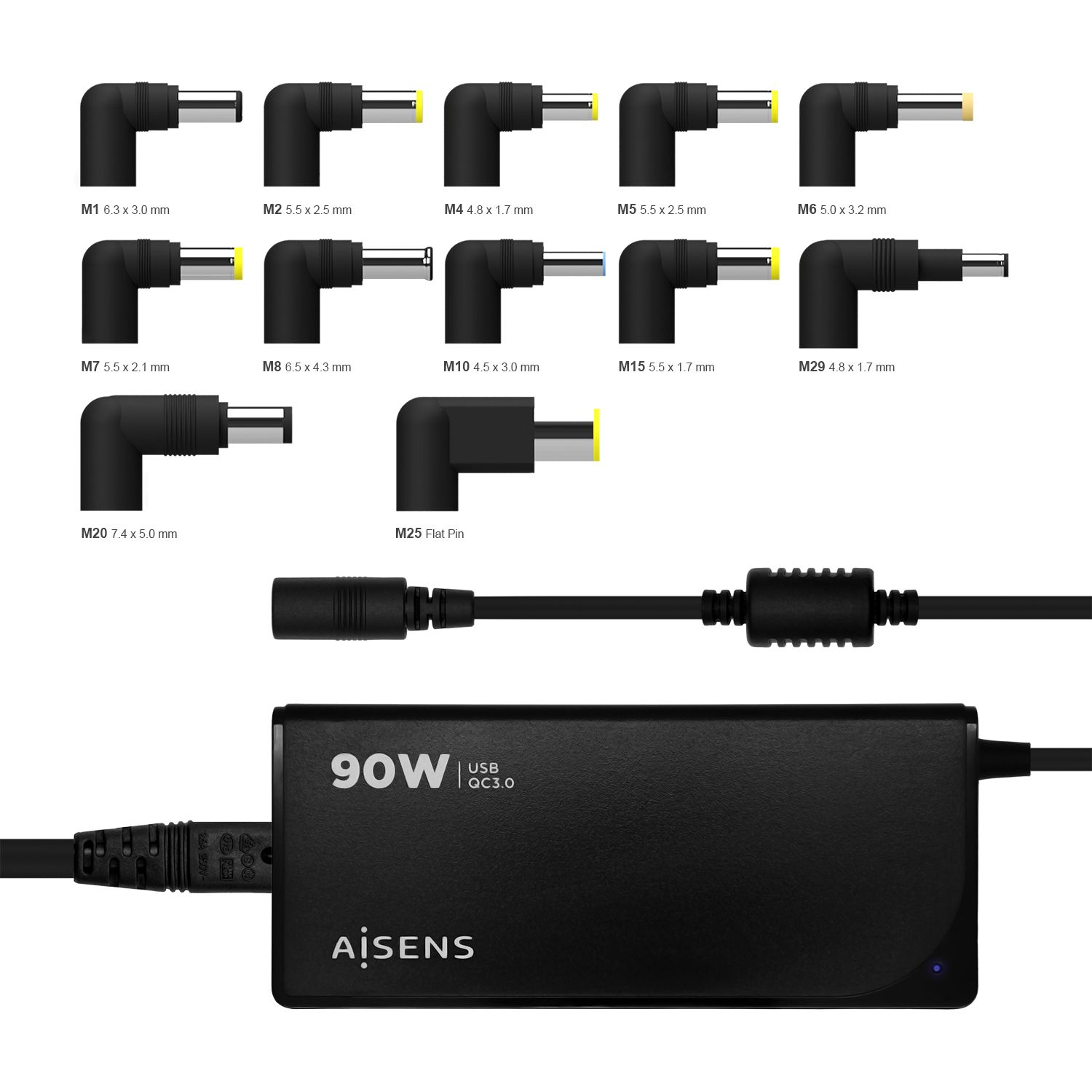 Aisens Chargeur Multitension Universel Automatique 90W pour Ordinateur Portable avec 12 Connecteurs + USB-A QC.3.0 - Couleur Noire