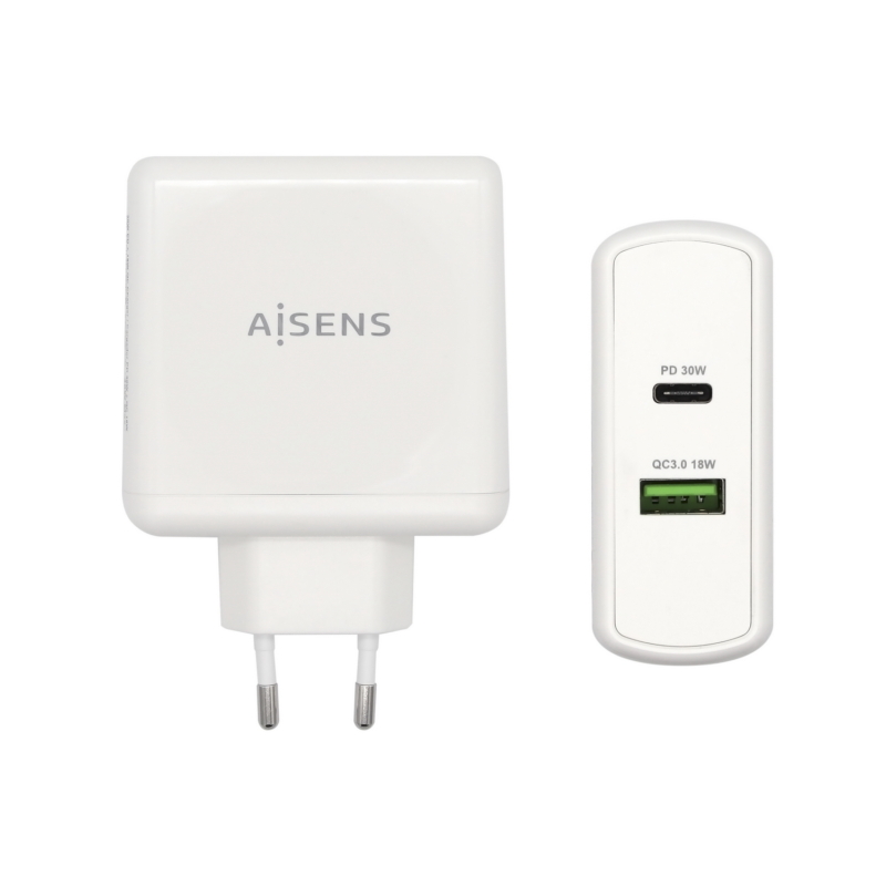Aisens Chargeur pour Smartphone 48W 1x USB-C PD3.0 30W, 1x USB-A QC3.0 18W