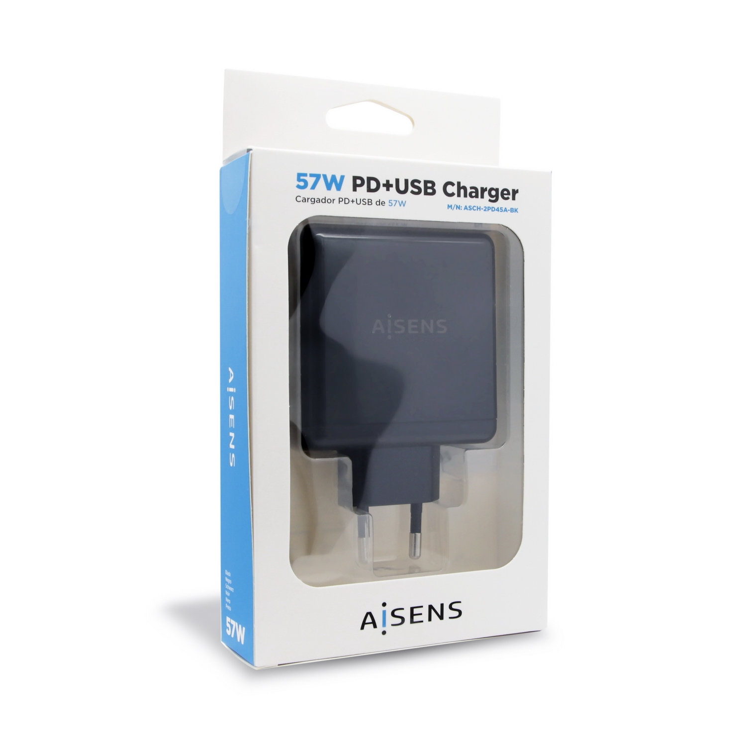 Aisens Chargeur pour Smartphone 57W 1x USB-C PD3.0 45W, 1x USB-A 5V/2.4A 12W