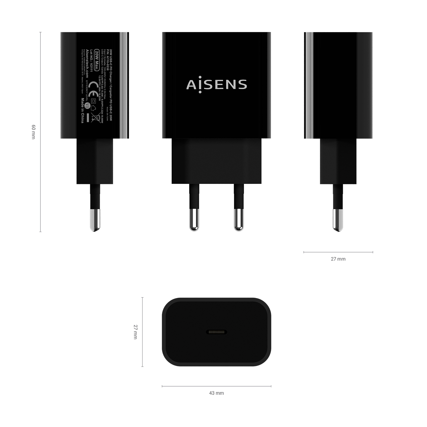 Aisens Chargeur USB-C PD3.0 1 Port 1xUSB-C - 20W - Couleur Noir