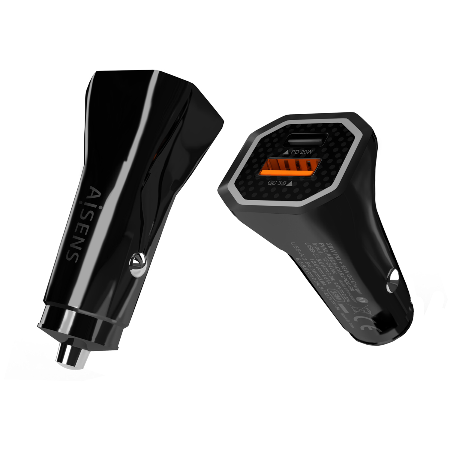 Aisens Chargeur Voiture 38W, 1xUSB-C PD3.0 20W, 1xUSB-A QC3.0 18W - Couleur Noire