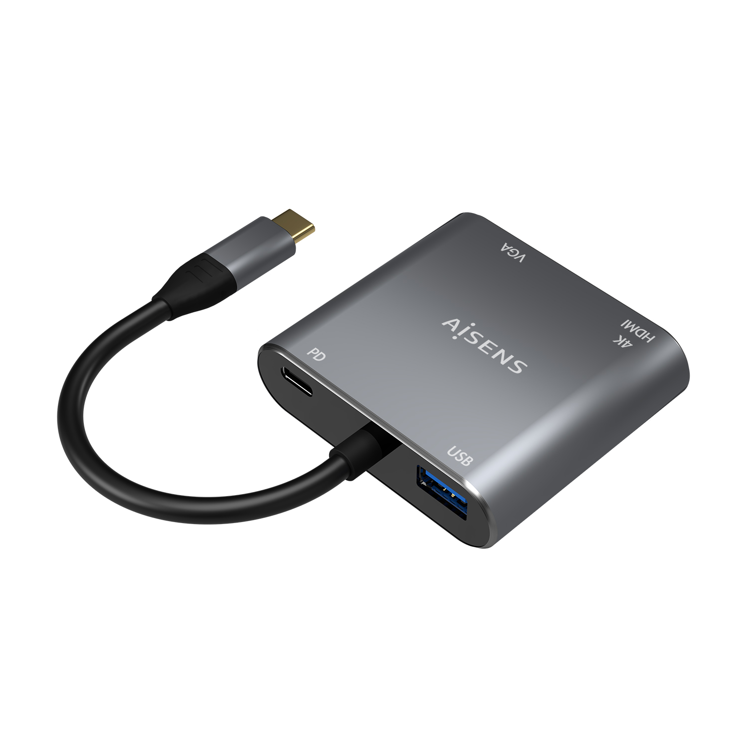 Aisens Convertisseur USB-C vers VGA/HDMI 4K/USB3.0/USB-C PD - USB-C/M-VGA/H-HDMI/H-USB-A/H-USB-C/H - 15CM - Couleur Gris