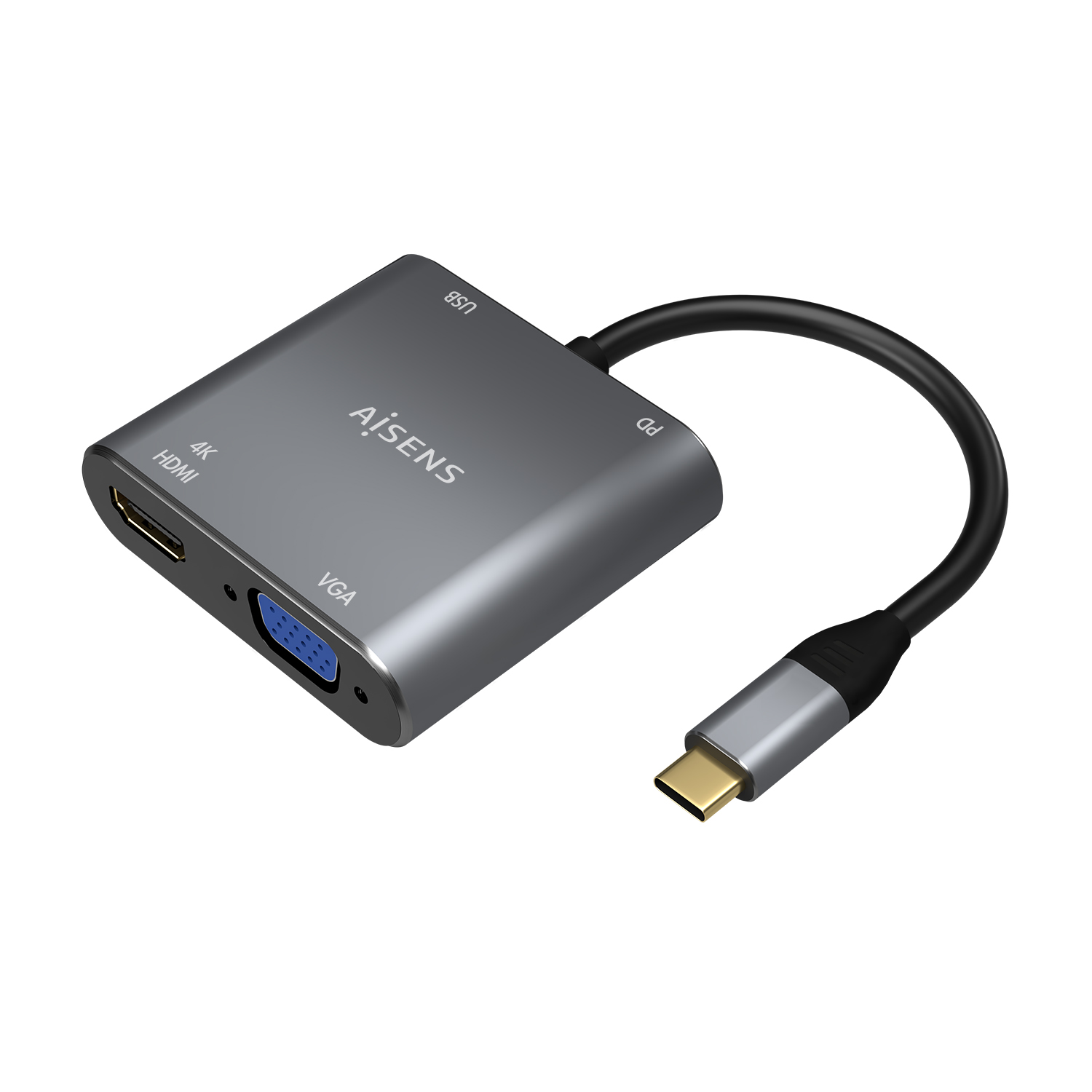 Aisens Convertisseur USB-C vers VGA/HDMI 4K/USB3.0/USB-C PD - USB-C/M-VGA/H-HDMI/H-USB-A/H-USB-C/H - 15CM - Couleur Gris