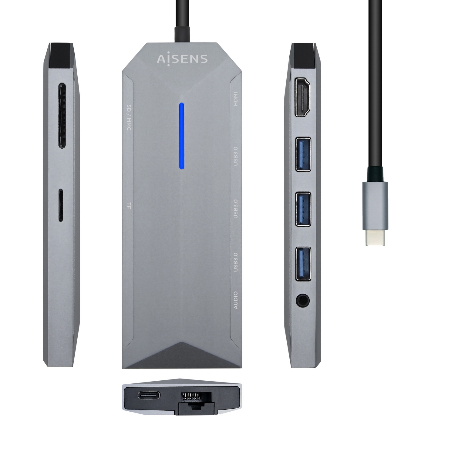 Aisens Dock 9 en 1 Hub USB-C 3.0 avec 3x USB-A 3.0, 1x HDMI 1x RJ45, 1x PD 100W, 1x Audio 3.5mm, 1x Lecteur SD, 1x Lecteur MicroSD - Boîtier Aluminium - Câble 0.15m