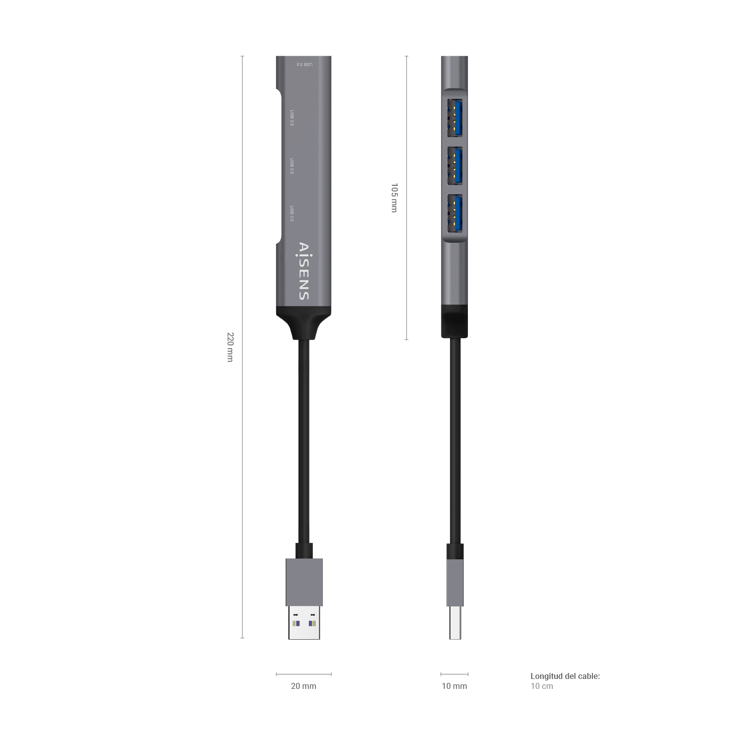 Aisens Hub USB 3.0 Aluminium - Type A Mâle vers 4xType A Femelle - 10cm - Couleur Gris