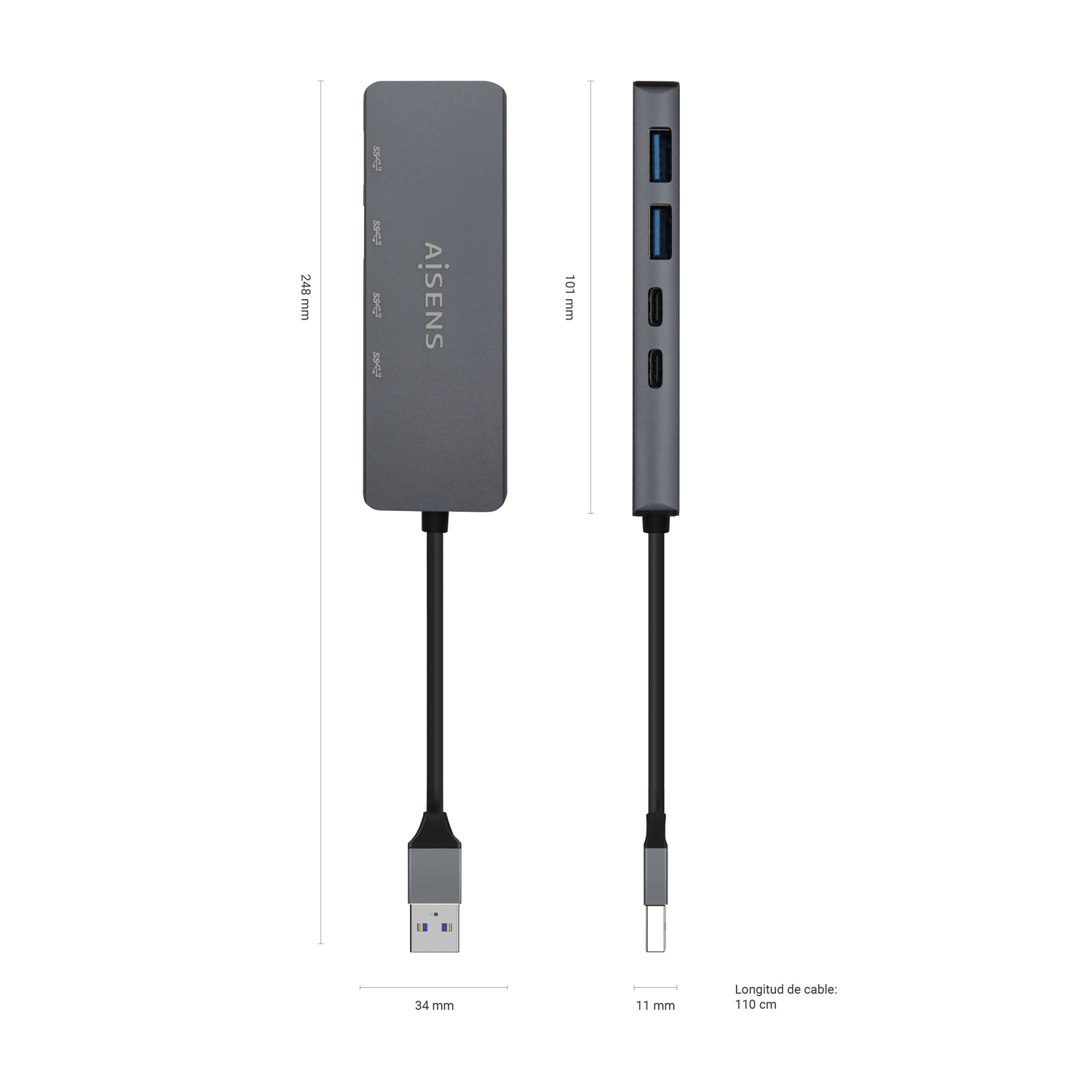 Aisens Hub USB 3.2 Gen1 5G USB-A - USB-A/M-2xUSB-C/H-2xUSB-A/H - 15cm - Couleur Gris