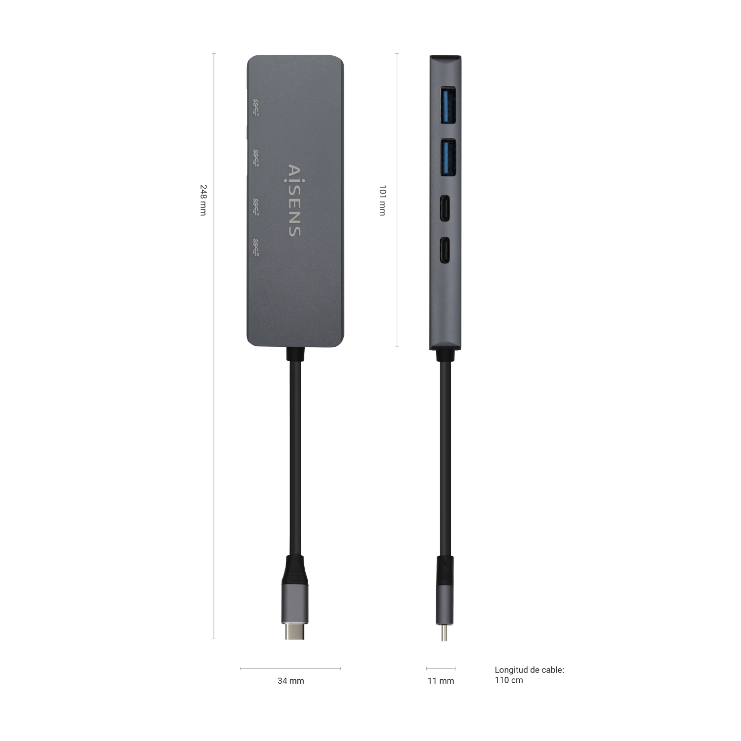 Aisens Hub USB 3.2 Gen1 5G USB-C - USB-C/M-2xUSB-C/H-2xUSB-A/H - 15cm - Couleur Gris