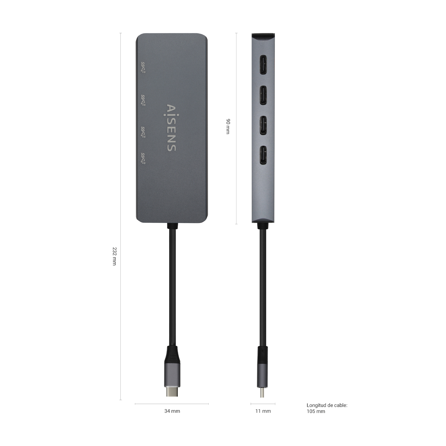 Aisens Hub USB 3.2 Gen1 5G USB-C - USB-C/M-4xUSB-C/H - 15cm - Couleur Gris