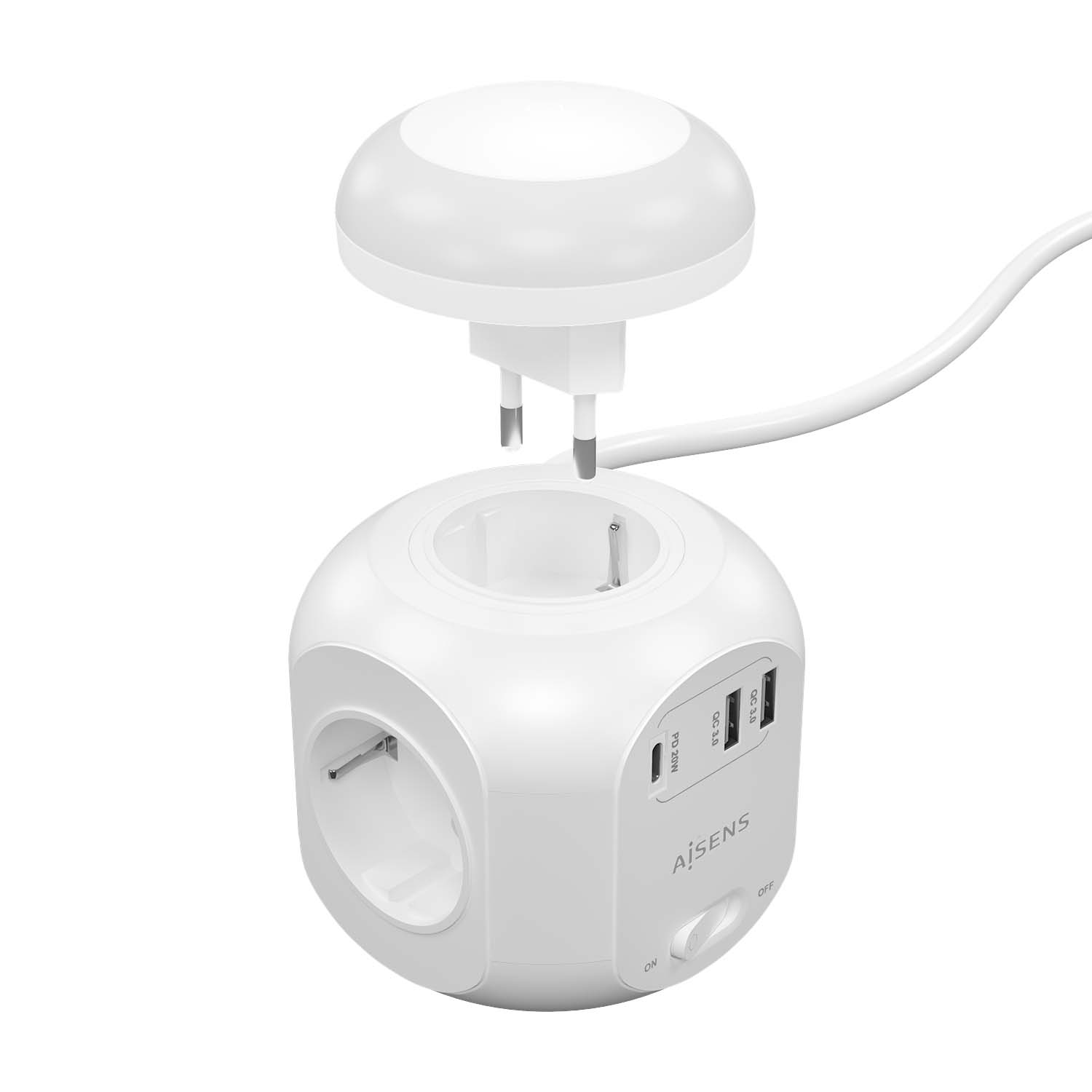 Aisens Multiprise de Bureau Multifonction avec 4 Prises + 1xUSB-C 20W PD3.0 - 2xUSB-A 18W QC3.0 - Veilleuse - 1,8m - Couleur Blanc