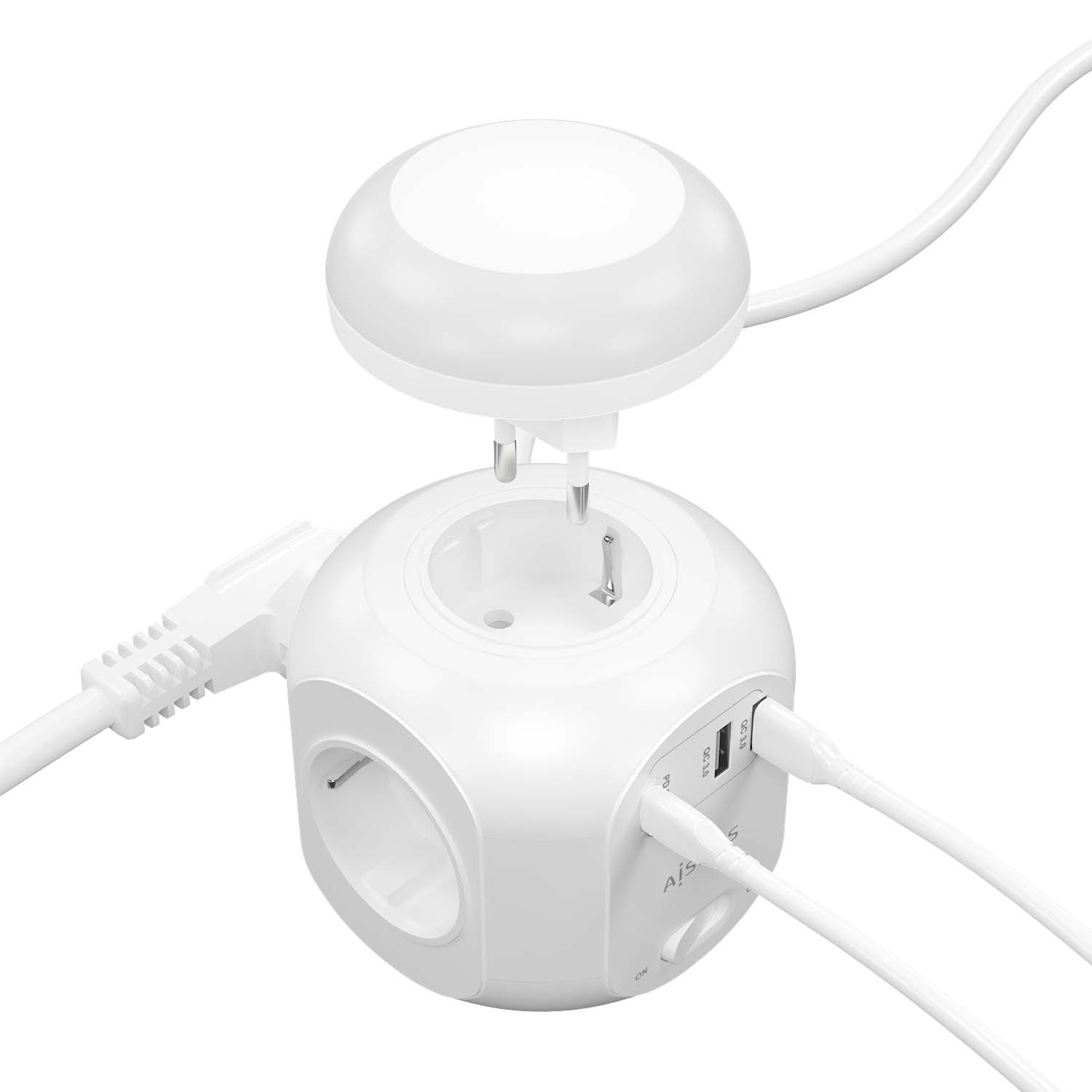 Aisens Multiprise de Bureau Multifonction avec 4 Prises + 1xUSB-C 20W PD3.0 - 2xUSB-A 18W QC3.0 - Veilleuse - 1,8m - Couleur Blanc