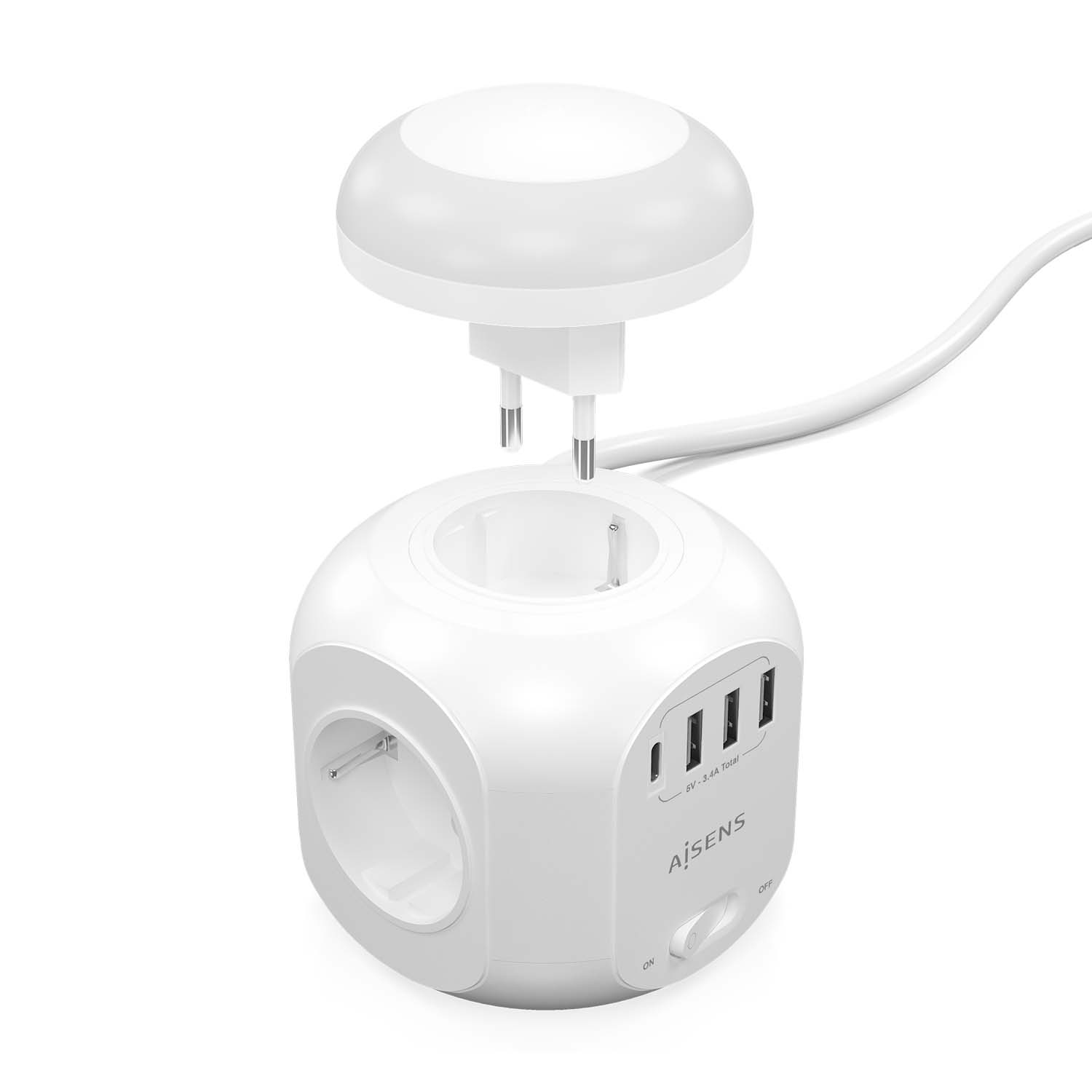 Aisens Multiprise de Bureau Multifonction avec 4 Prises + 1xUSB-C - 3xUSB-A - Veilleuse - 1,8m - Couleur Blanc