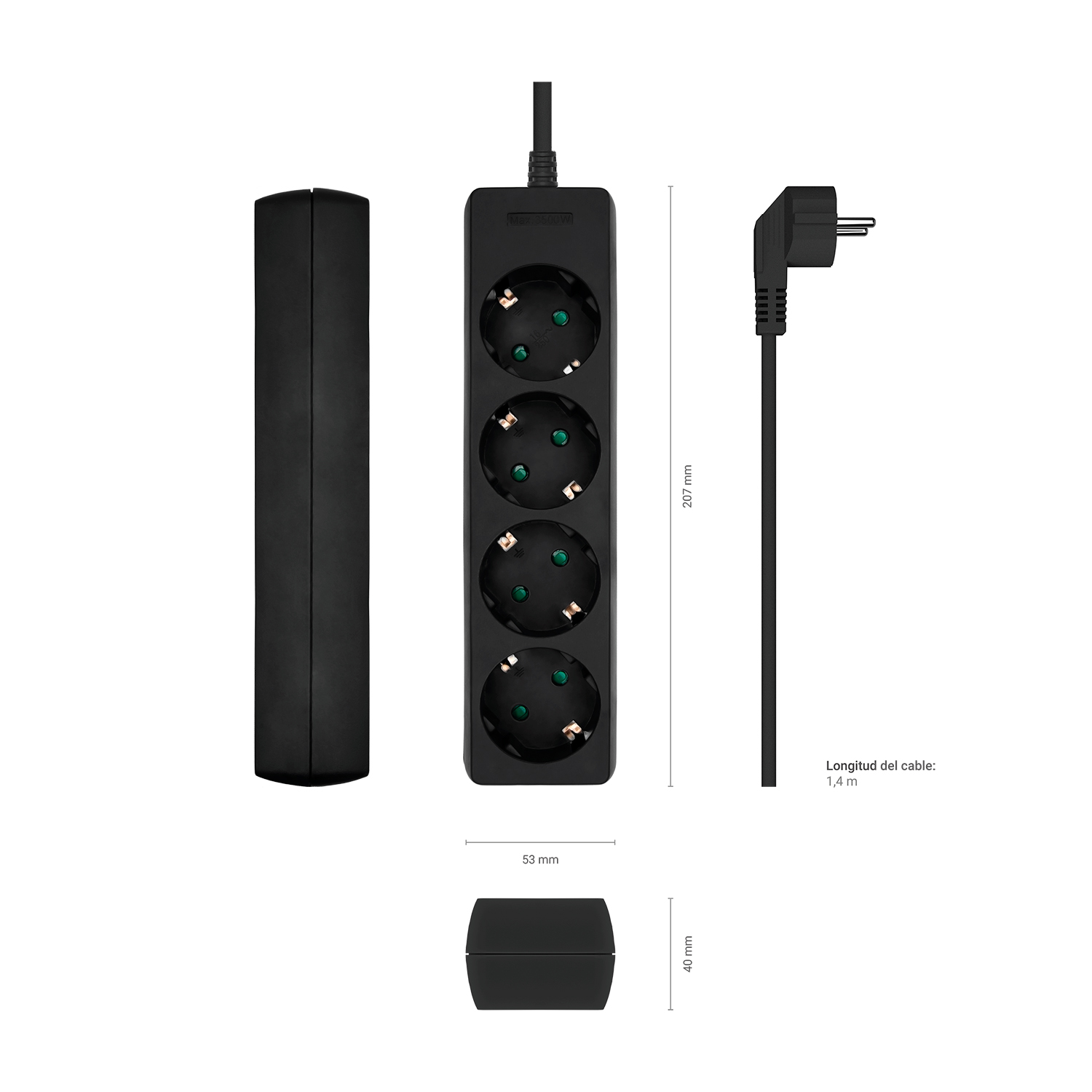Aisens Multiprise 4 Prises sans Interrupteur avec Câble 3×1.5mm2 - 1.4m - Couleur Noir