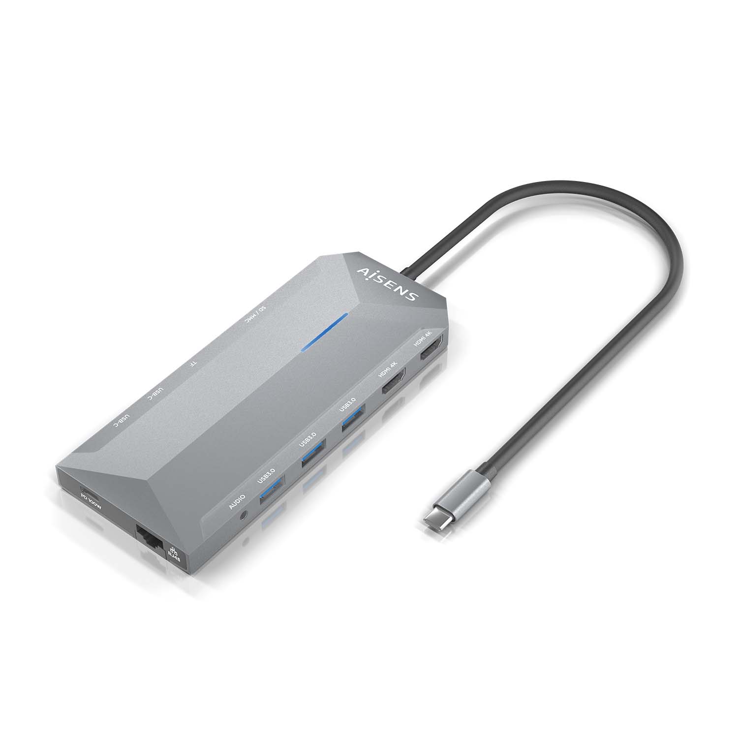 Aisens USB-C Dock 12 en 1 - USB-C vers 2xHDMI - 1xRJ45 - 3xUSB-A - 2xUSB-C - 1xUSB-C PD - 1xAudio - 1xSD - 1xMicro SD - 15cm - Couleur Gris