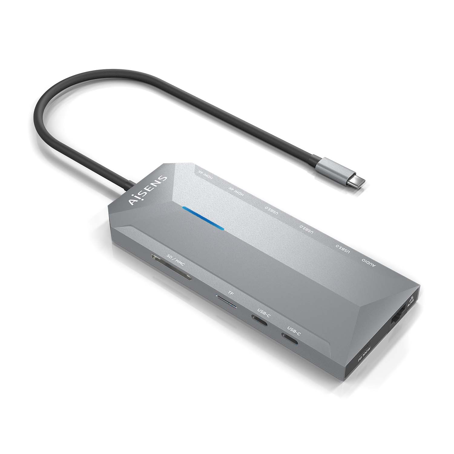 Aisens USB-C Dock 12 en 1 - USB-C vers 2xHDMI - 1xRJ45 - 3xUSB-A - 2xUSB-C - 1xUSB-C PD - 1xAudio - 1xSD - 1xMicro SD - 15cm - Couleur Gris