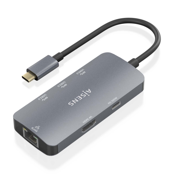 Aisens USB-C Dock 6 en 1 - USB-C vers 1xHDMI - 1xRJ45 - 3xUSB-A - 1xUSB-C PD - 15cm - Couleur Gris