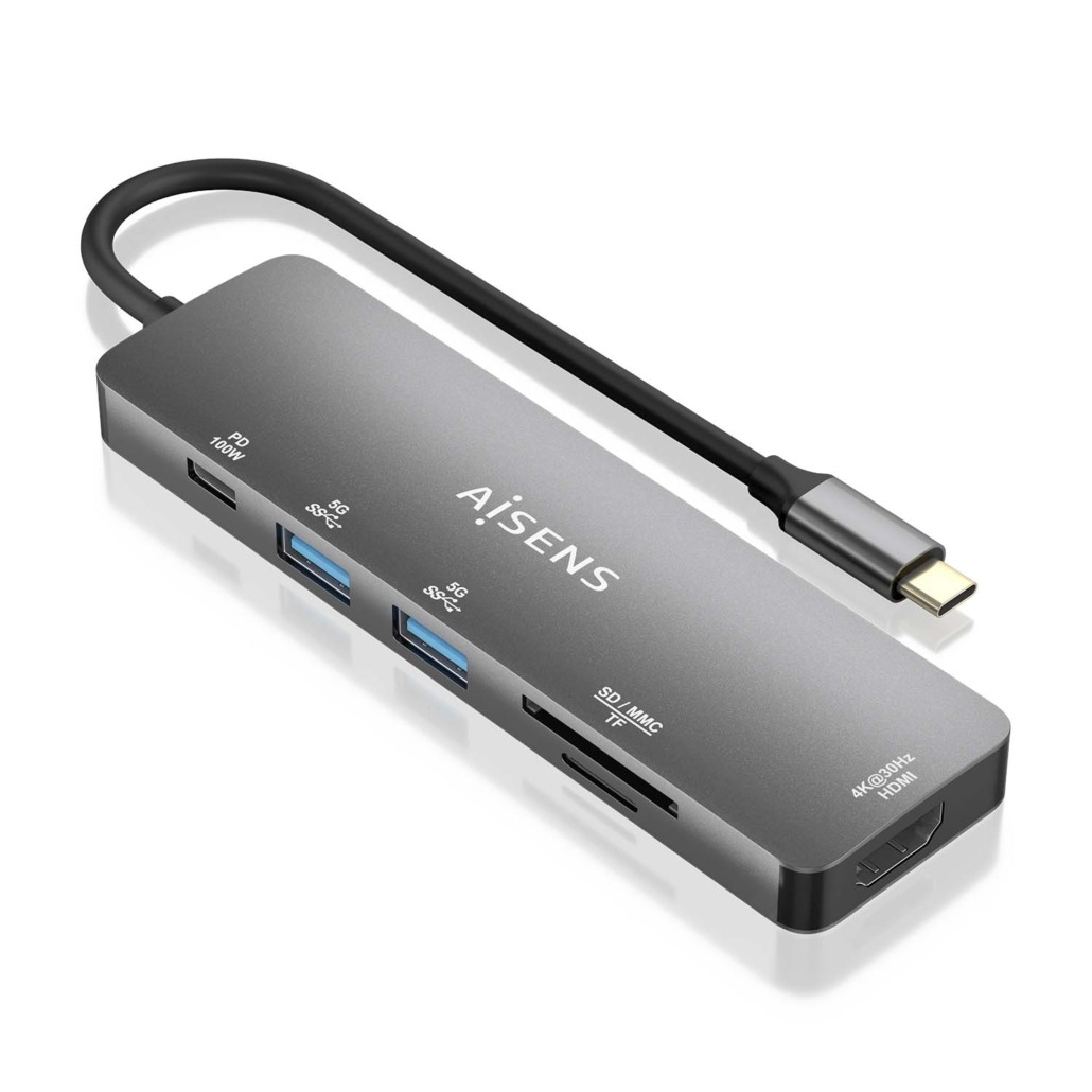 Aisens USB-C Dock 6 en 1 - USB-C vers 1xHDMI - 2xUSB-A - 1xUSB-C PD 100W - 1xSD - 1xMicro SD - 15cm