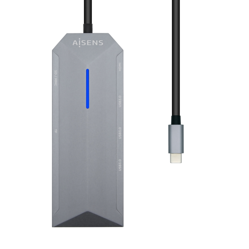 Aisens USB-C Dock 8 en 1 - USB-C vers 1xHDMI - 1xRJ45 - 3xUSB - 1xPD - 1xSD - 1xMICRO SD - 15cm - Couleur Gris