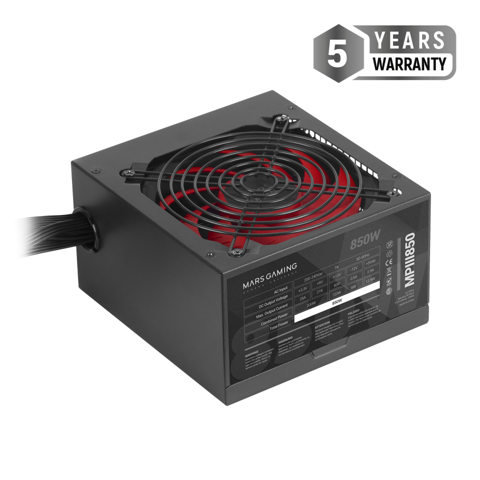 Alimentation Mars Gaming MPIII850 850W ATX - Silence Absolu - Efficacité Professionnelle - Conception de Câble Optimisée - Packaging EPE Haute Protection - Ventilateur 120 mm - Couleur Noir