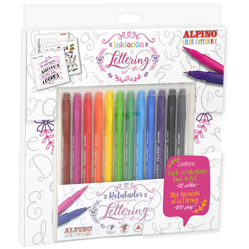 Alpino Color Experience Lot de 12 marqueurs double artiste + guide de démarrage du lettrage – Double pointe (pinceau fin 0,7 mm et pinceau 2,9 mm) – Couleurs assorties