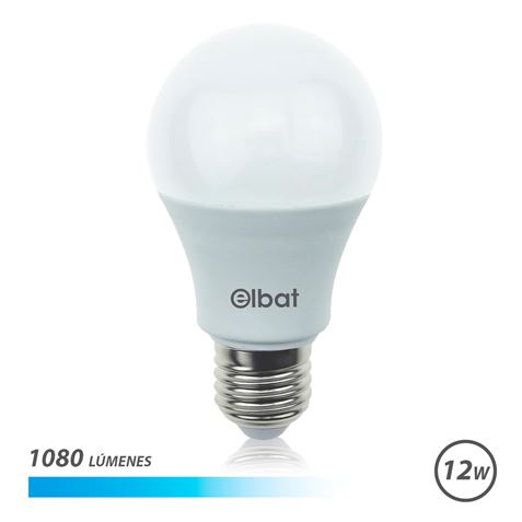 Ampoule LED Elbat - Puissance 12W - Lumens 1080 - Type de lumière 6500K Lumière Froide - Culot E27 - Angle 220º - Dimensions 60X120mm - 30 000 Heures de Vie - 15 000 Lumières - Couleur Blanc