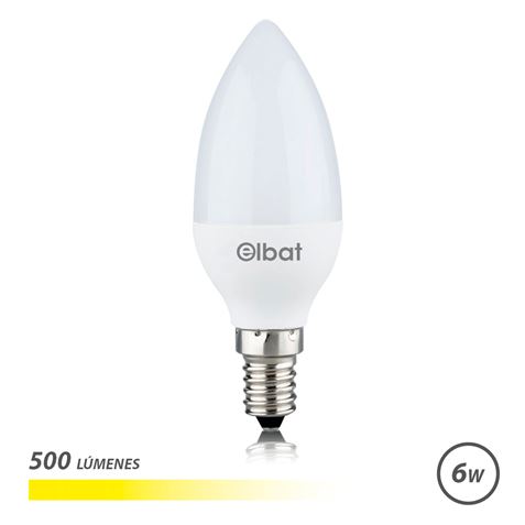 Ampoule LED Elbat - Puissance 6W - Lumens 500 - Type de lumière Lumière chaude 3000K - Culot E14 - Angle 180º - Dimensions 37X100mm - 30 000 Heures de Vie - 15 000 Lumières - Couleur Blanc