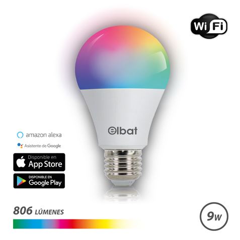 Ampoule LED Elbat Smart Wi-Fi A60 E27 9W 806lm RVB - Température 2700K à 6000K - Commande vocale - Télécommande - 3 Modes de couleurs : Froid, Naturel et Chaud