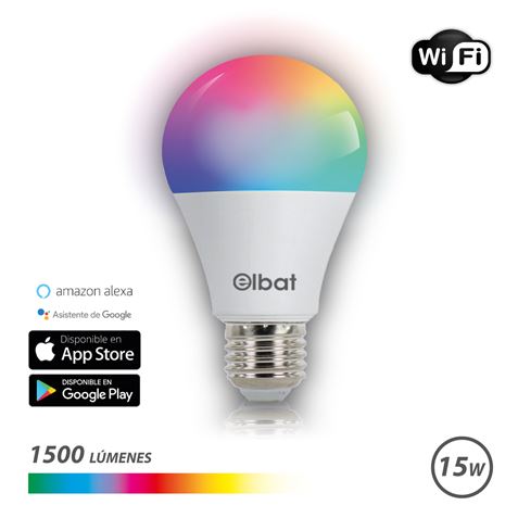 Ampoule LED Elbat Smart Wi-Fi A65 E27 15W 1500lm RVB - Température 2700K à 6000K - Commande vocale - Télécommande - 3 Modes de couleurs : Froid, Naturel et Chaud