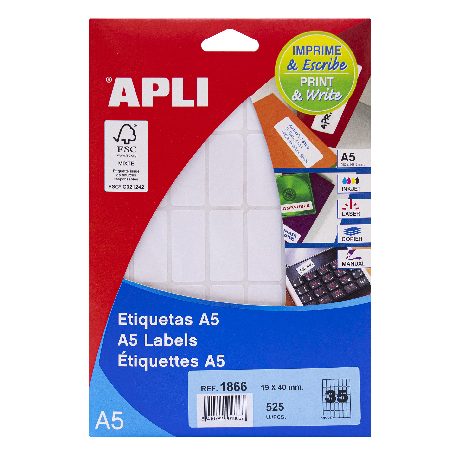 Apli A5 Étiquettes Blanches 19.0 x 40.0mm 15 Feuilles