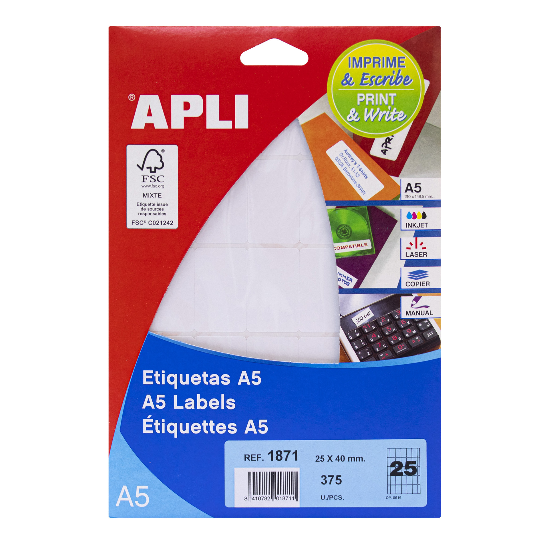 Apli A5 Étiquettes Blanches 25,0 x 40,0 mm 15 Feuilles