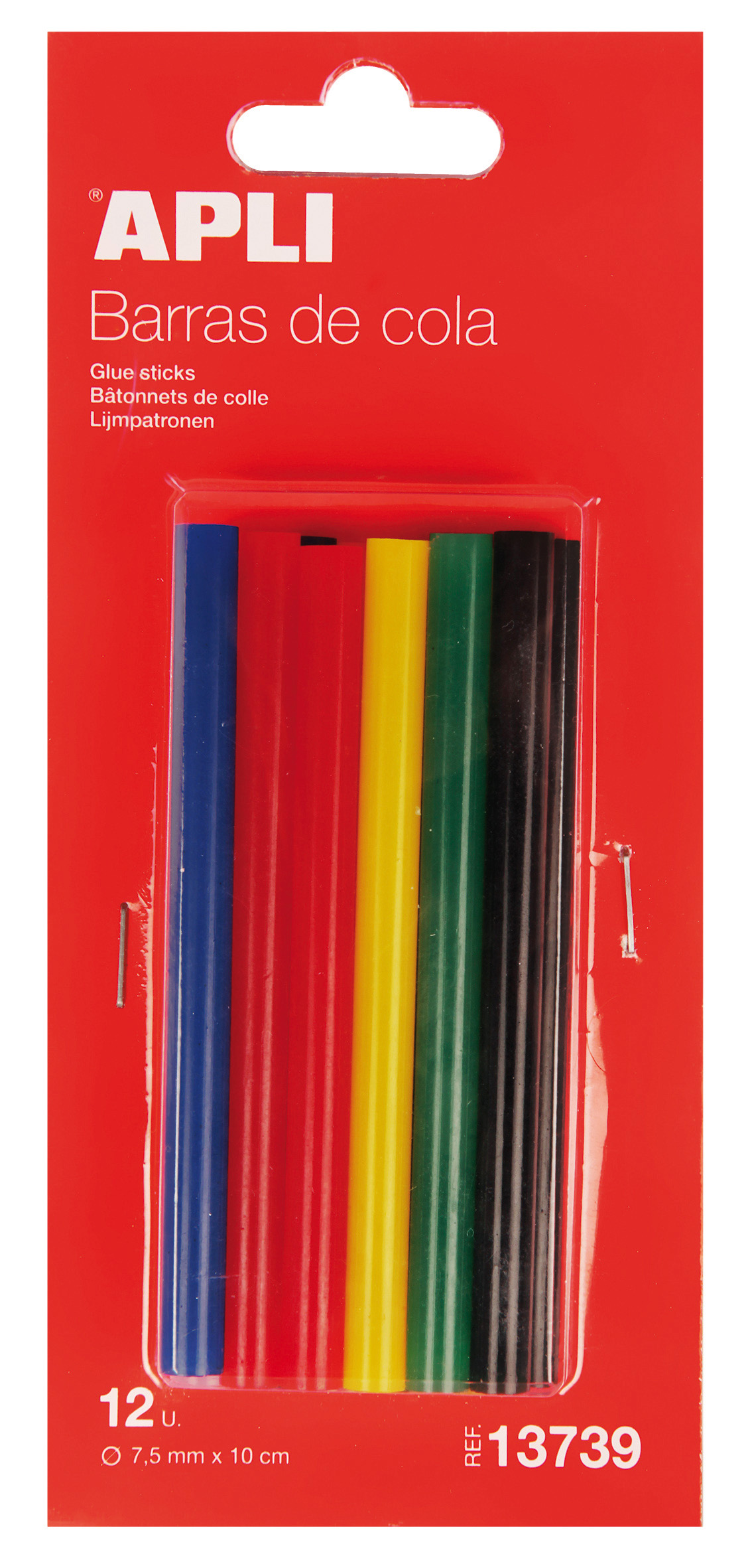 Apli Bâtons d'adhésif thermofusible de rechange - Ø7,5 mm x 10 cm - 12 bâtons en 6 couleurs assorties - Adhérence instantanée sur plusieurs surfaces - Ne coule pas - Compatible avec les pistolets Ø7,5 mm