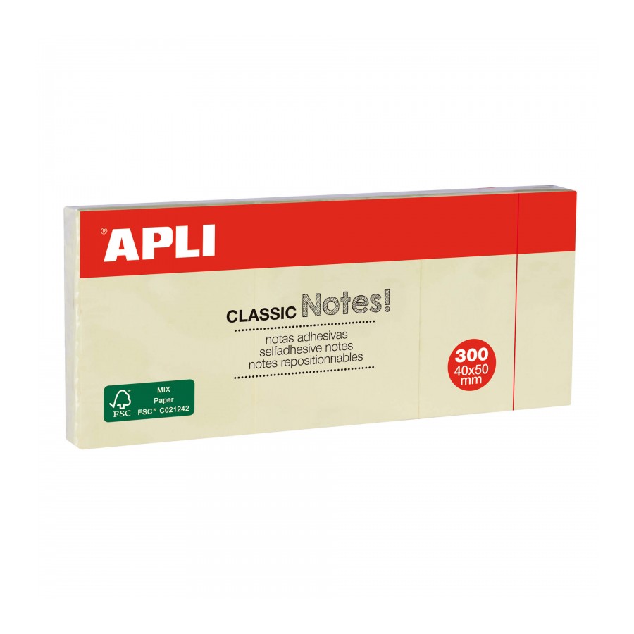 Apli Classic 3 Blocs de 100 Notes Autocollantes 40 x 50 mm - Couleur Jaune