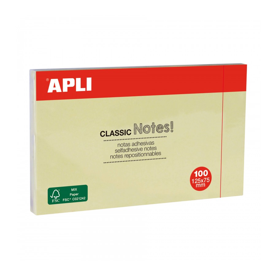 Apli Classic Bloc de 100 Notes Autocollantes 125 x 75 mm - Couleur Jaune