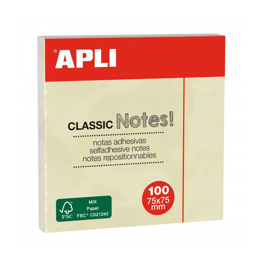 Apli Classic Bloc de 100 Notes Autocollantes 75 x 75 mm - Couleur Jaune