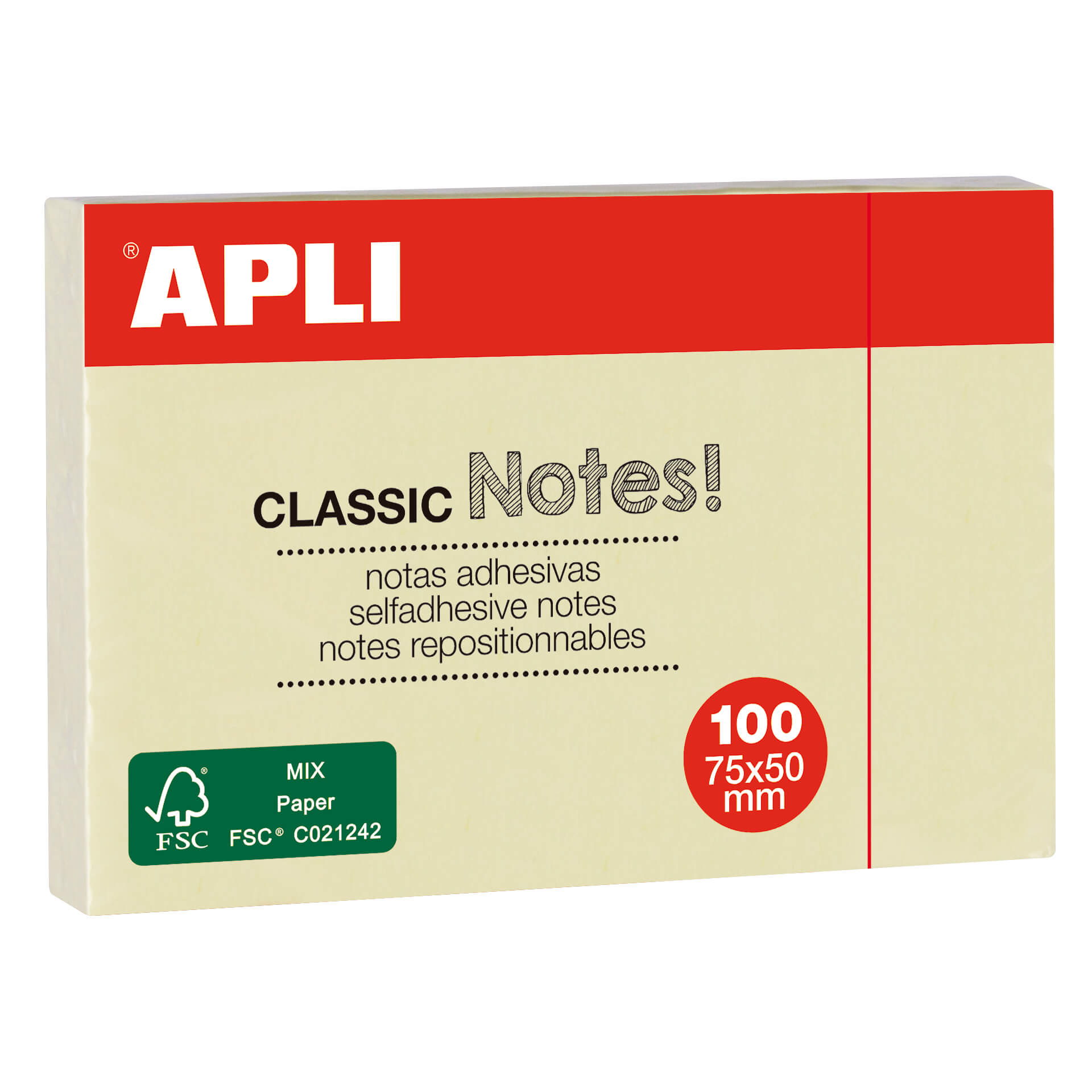 Apli Classic Bloc Notes Autocollantes 75x50mm 100 Feuilles - Adhésif de Qualité - Facile à Décoller - Idéal pour les Rappels - Jaune