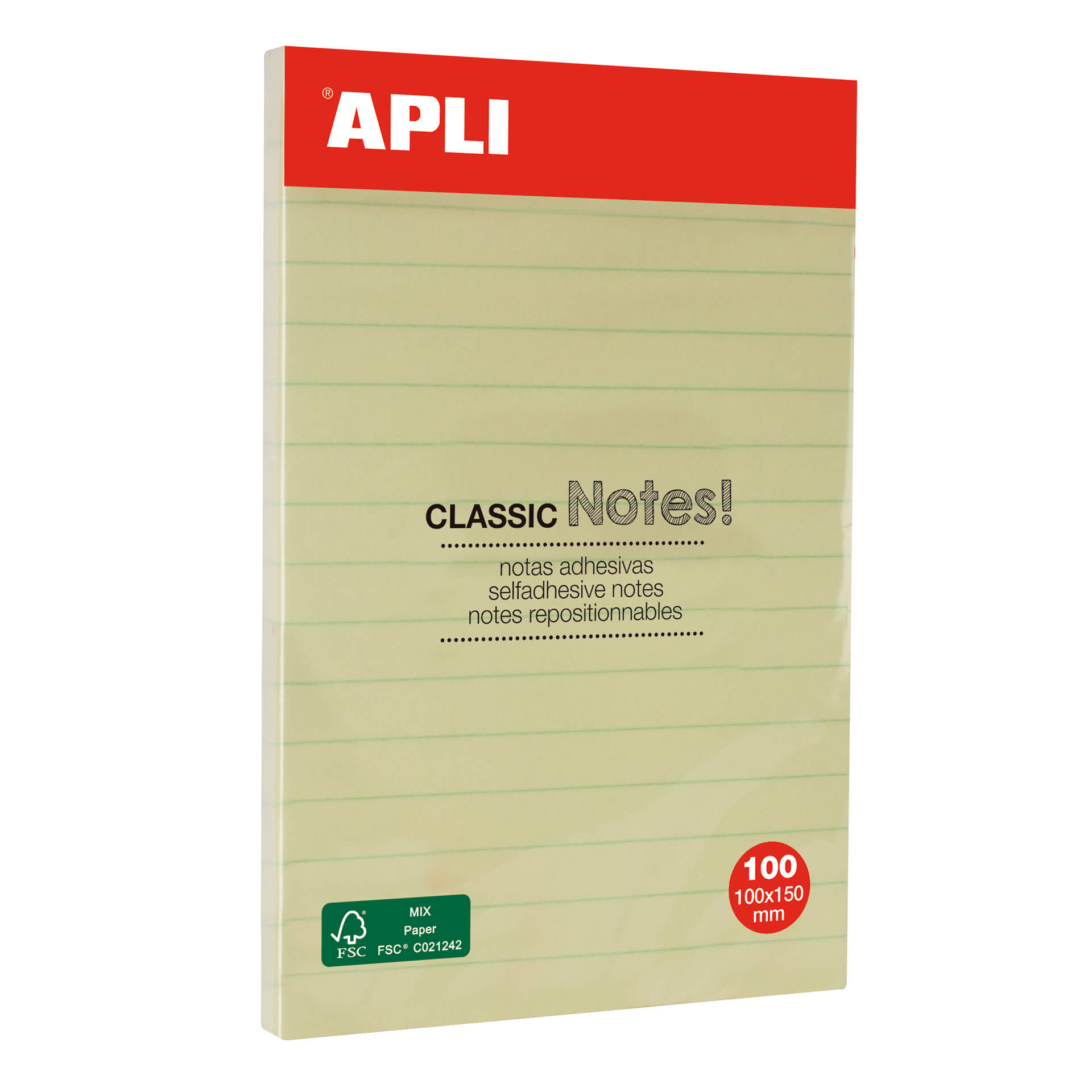 Apli Classic Notes autocollantes avec lignes 100x150mm - Bloc de 100 feuilles - Adhésif de haute qualité - Facile à décoller - Jaune