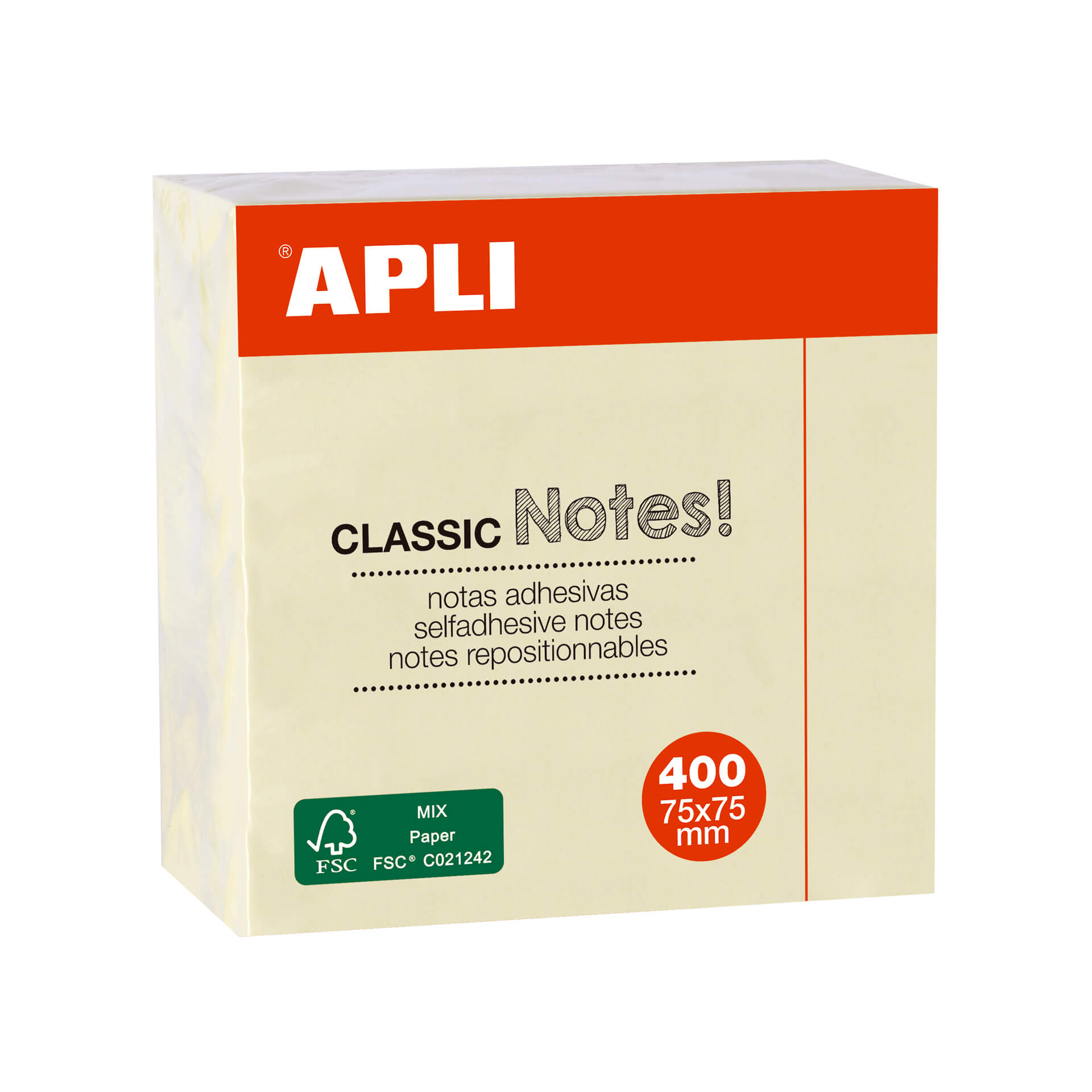 Apli Classic Sticky Notes 75x75mm - Cube de 400 Feuilles - Adhésif de Qualité - Facile à Décoller - Jaune
