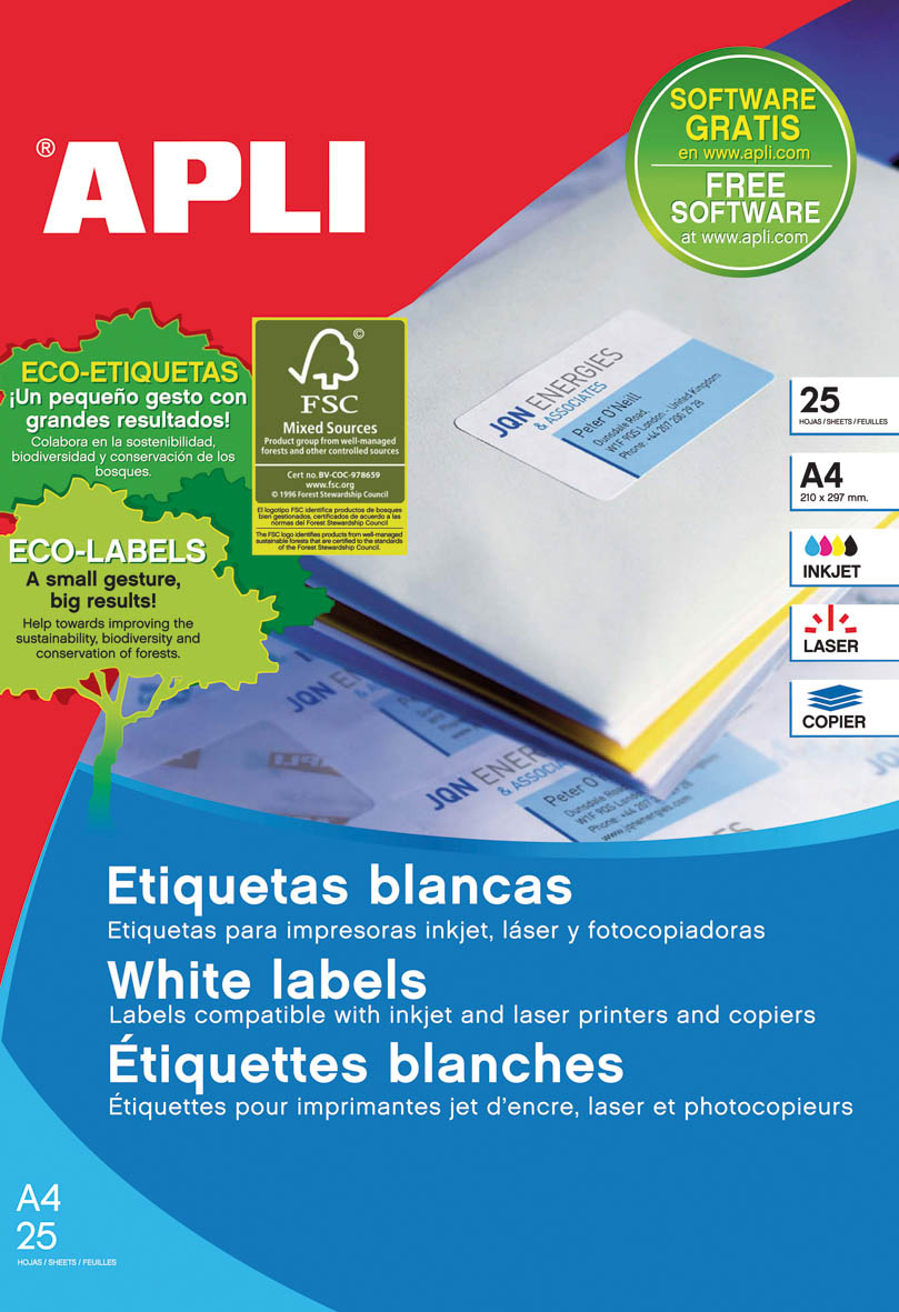 Apli Étiquettes Blanches Permanentes 105,0 x 148,0 mm 25 Feuilles