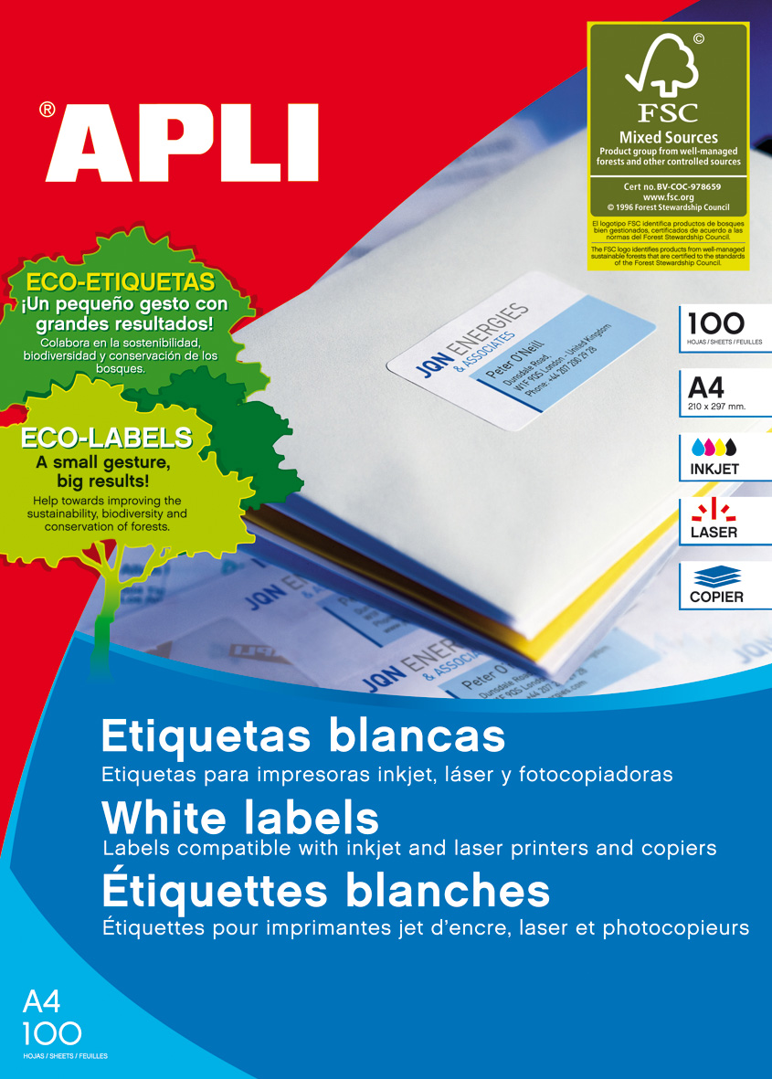 Apli Étiquettes Blanches Permanentes 105,0 x 70,0 mm 100 Feuilles